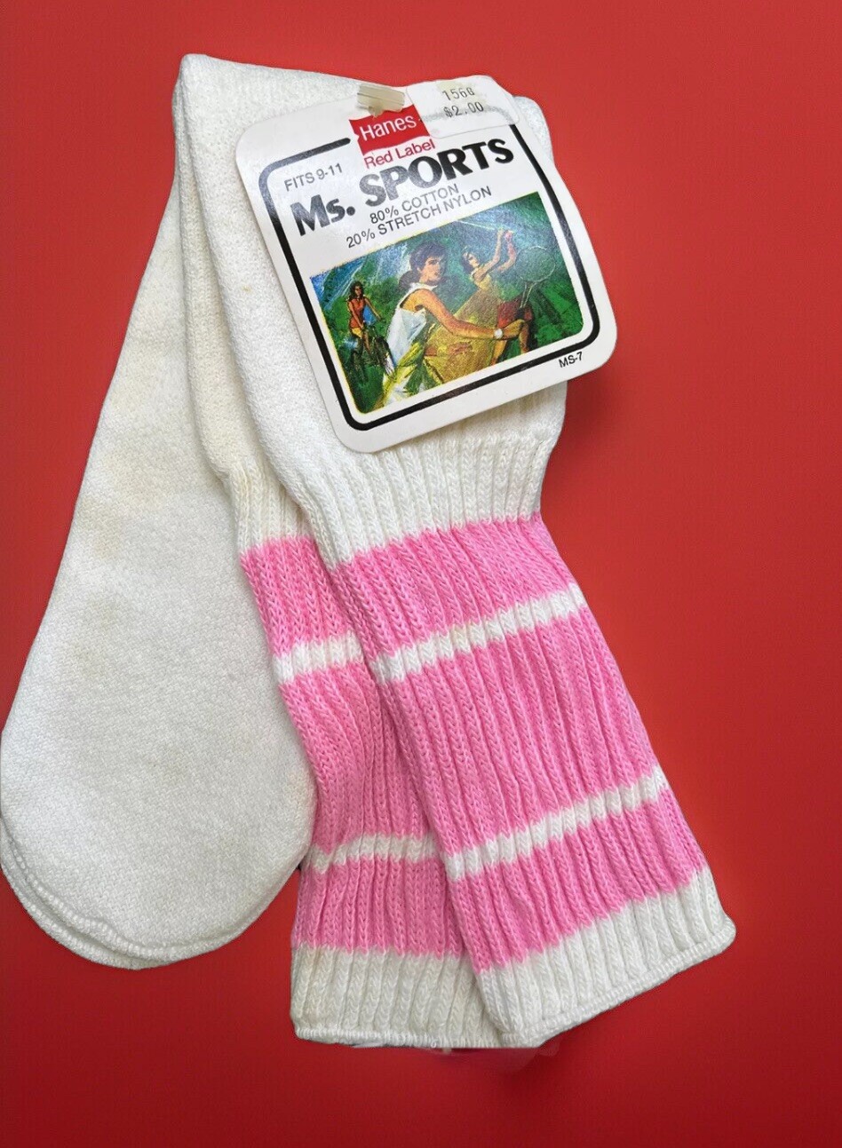 VTG Hanes Ms. Sports Socks (1 Pair) Striped 9-11 Cotton Tube NOS 80s Pink.