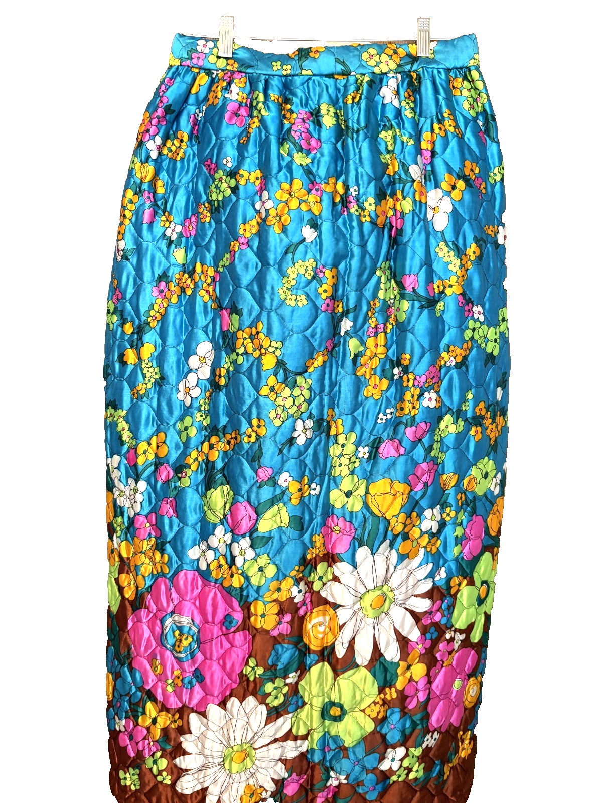 Vintage 1970’s Bright Colorful Blue Quilted Floral Maxi Skirt 32″ waist