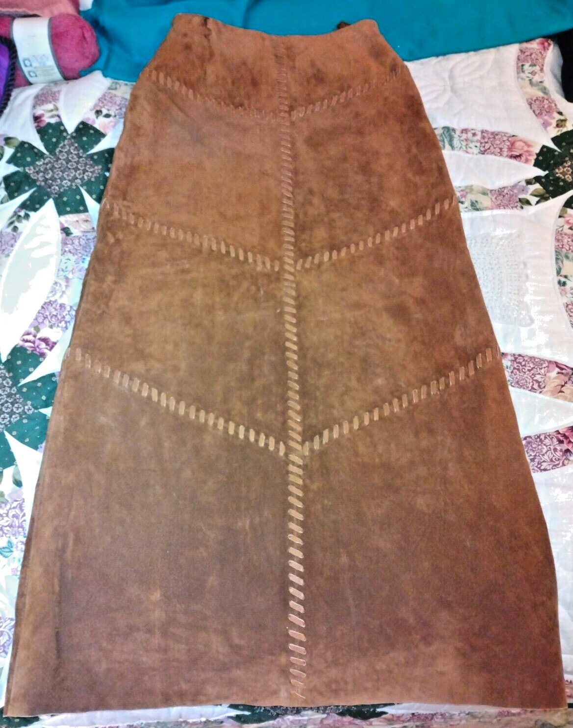 VINTAGE 70s BAGATELLE BROWN SUEDE PATCHWORK LONG MAXI SKIRT SZ 12 MISSES