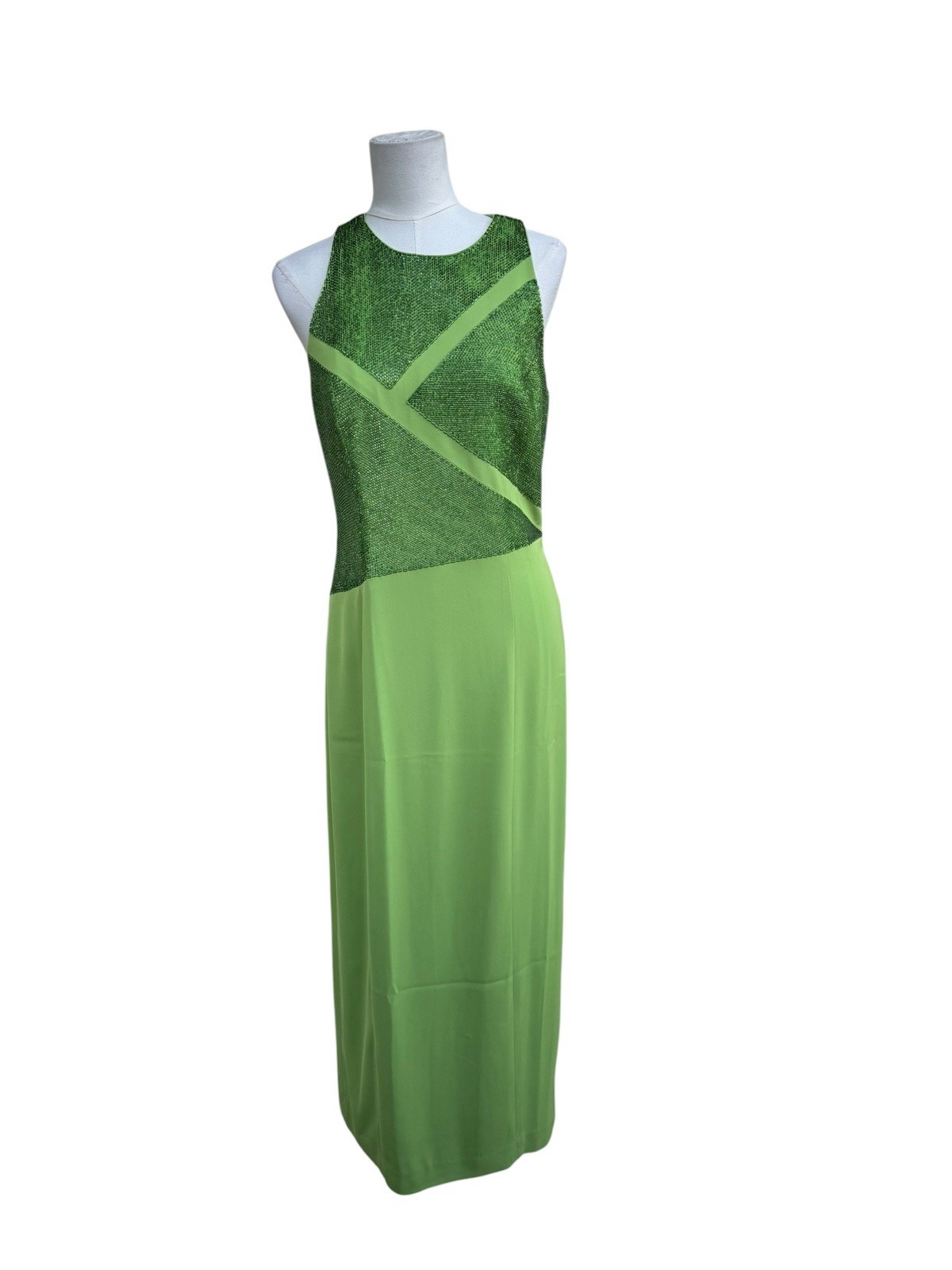 Vintage Lime Green Beaded Gown Size 12 Formal Evening Dress Sleeveless 90s Prom