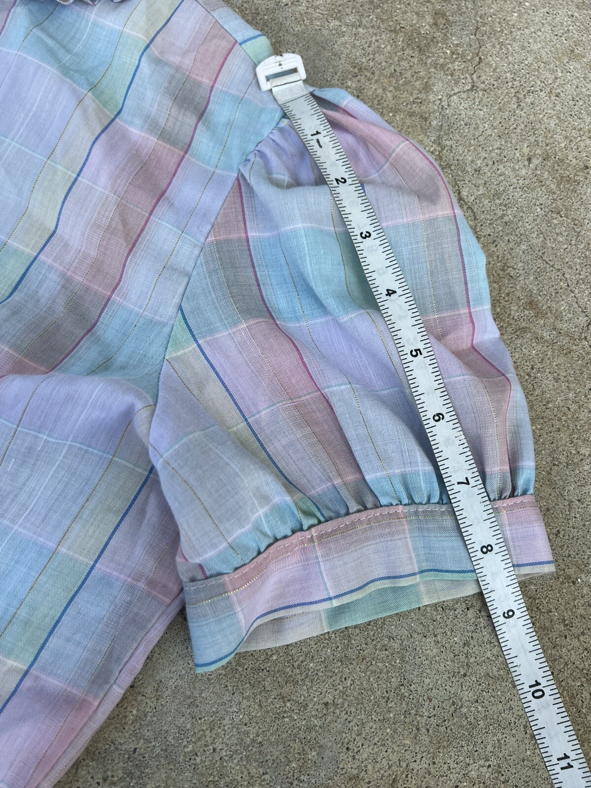 Vntg 1950s Pastel Multi Color Plaid Blouse With Ruffle Collar Classic Size XS/S
