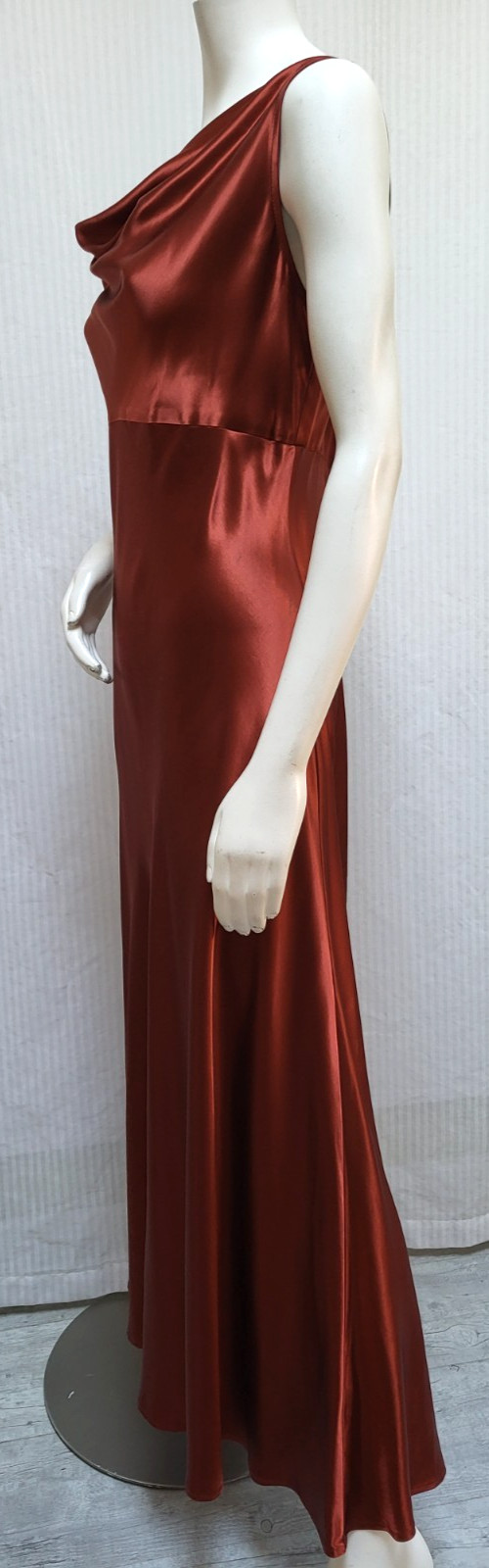 NWOT Vintage BONNIE STRAUSS Copper Brown Satin Bias Cut Draped Dress – Size M