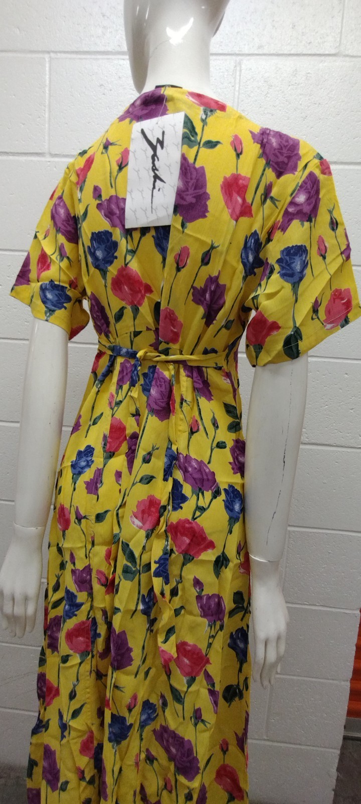 1990s Roses Long Dress Yellow Multicolor Print Purple Rose Country Chic Med New