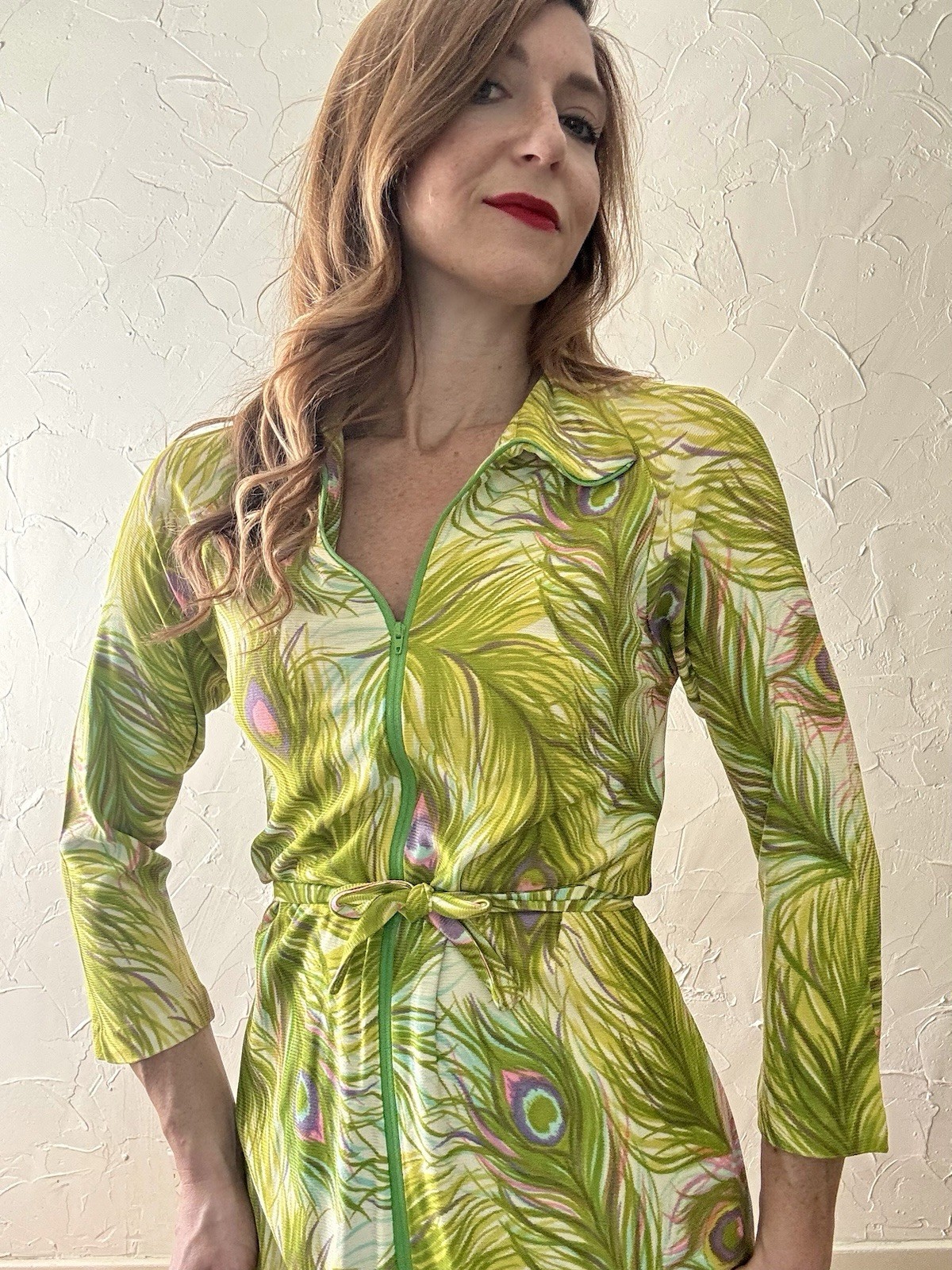 Vintage Early 1970s Peacock Feather Print Jersey Lounge Dress Paulette