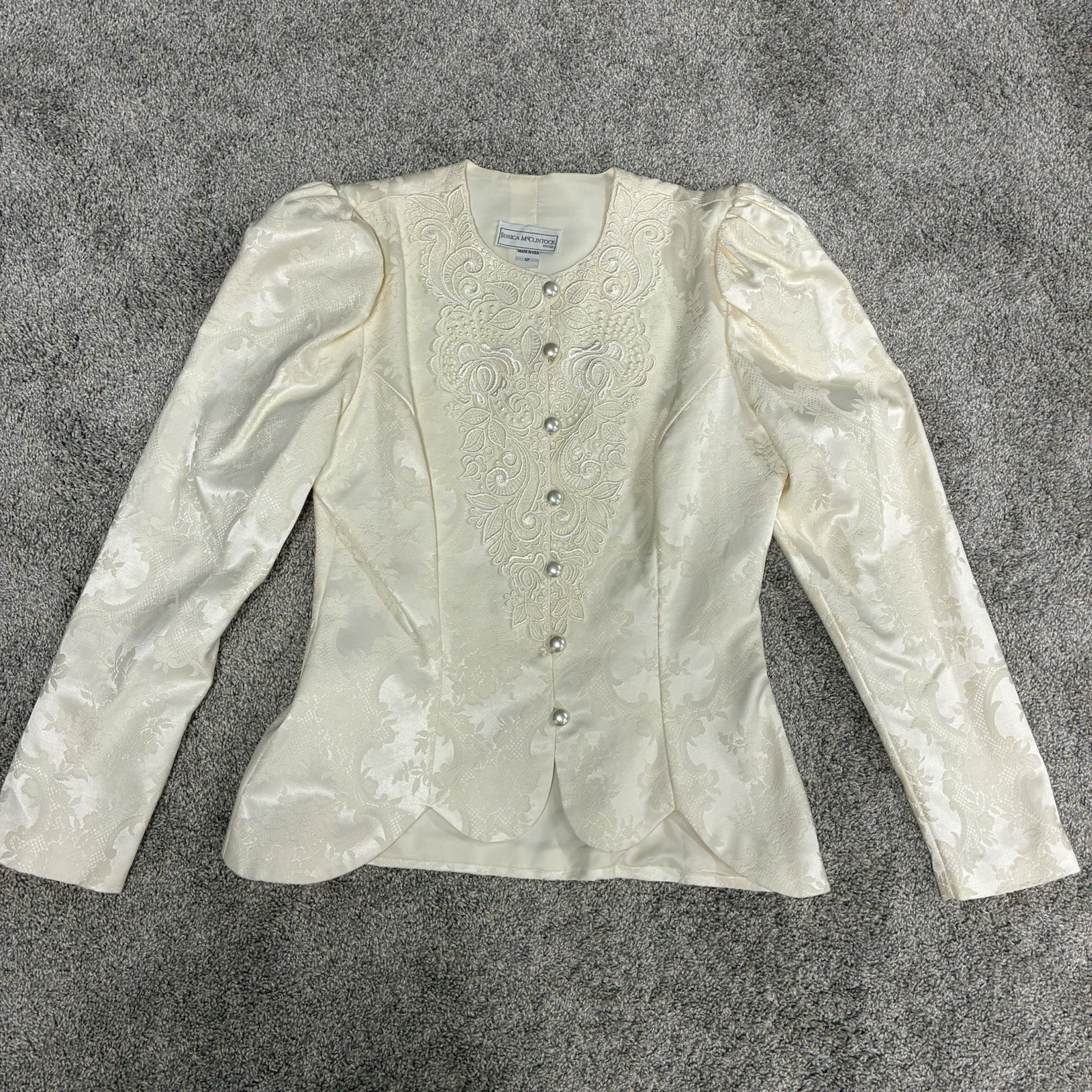 VTG Jessica McClintock Bridal Suit Sz 12 Ivory Peplum Jacket Jacquard Lace 80’s