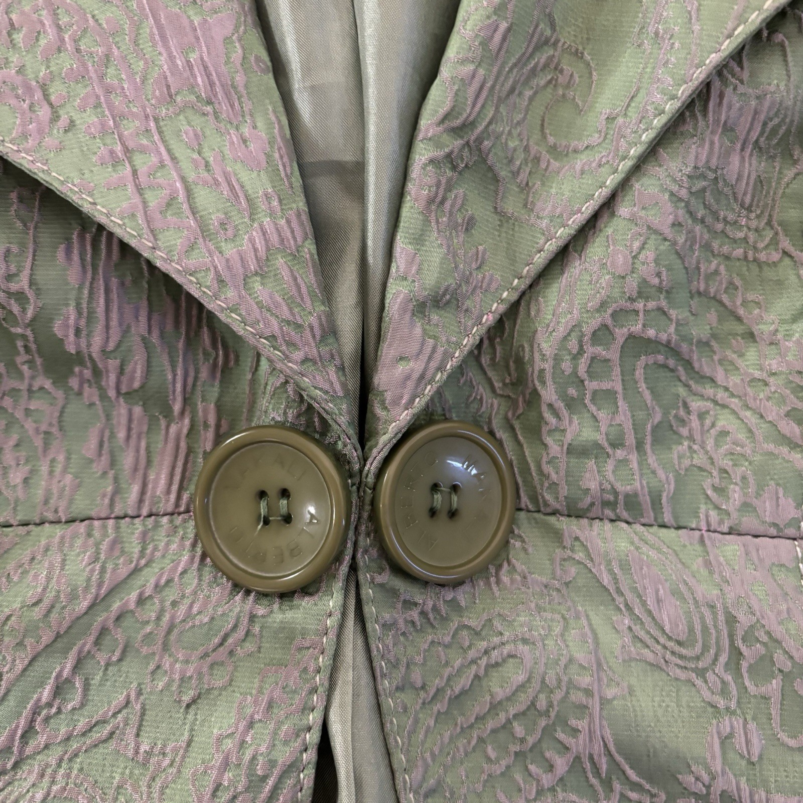 Alberto Makali Blazer Jacket Women’s 8 Paisley Green White 2 Buttons Short Silk