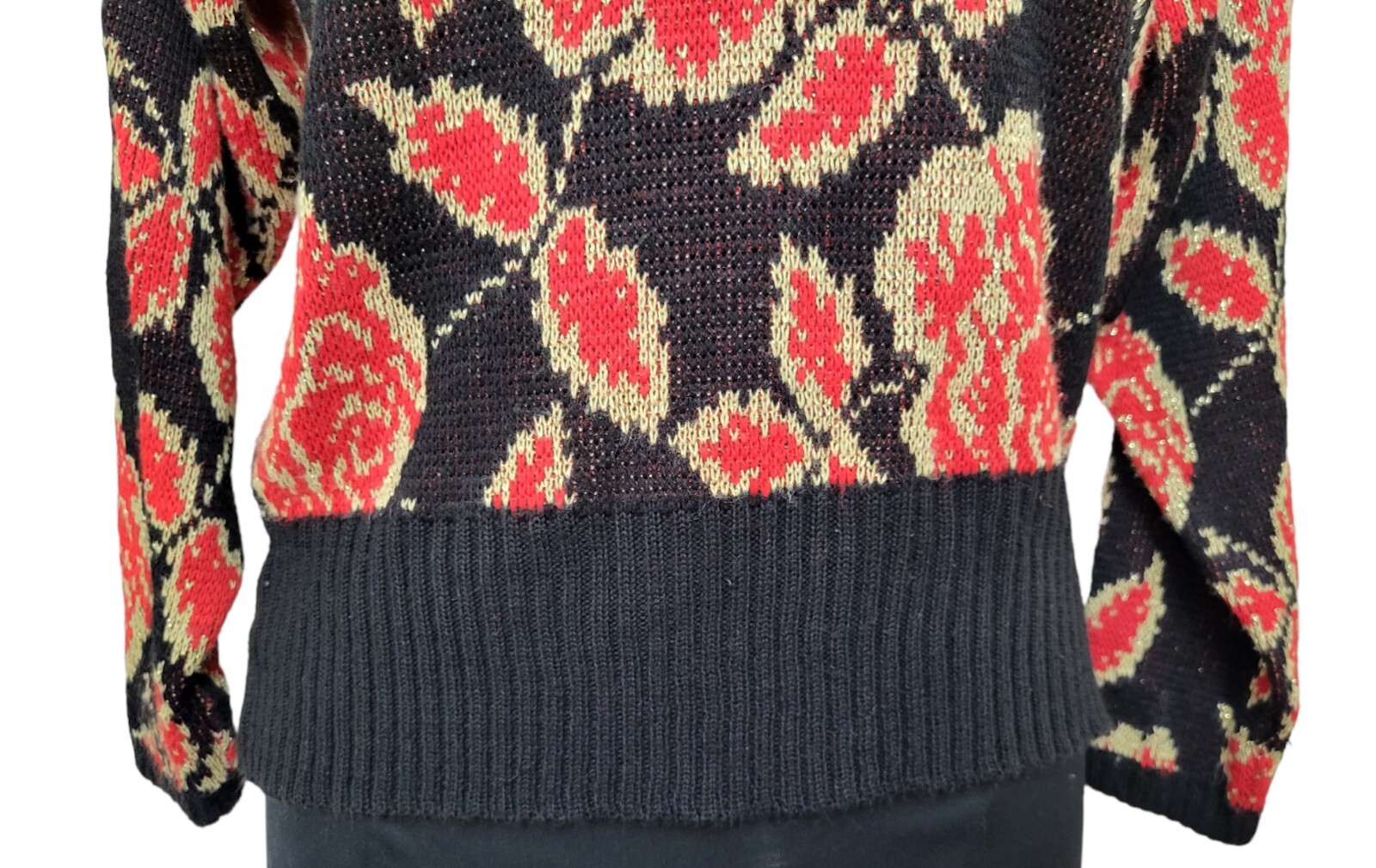 Vintage 80’s Sunshine Starshine Acrylic Sweater Red Roses Black Gold USA Size M