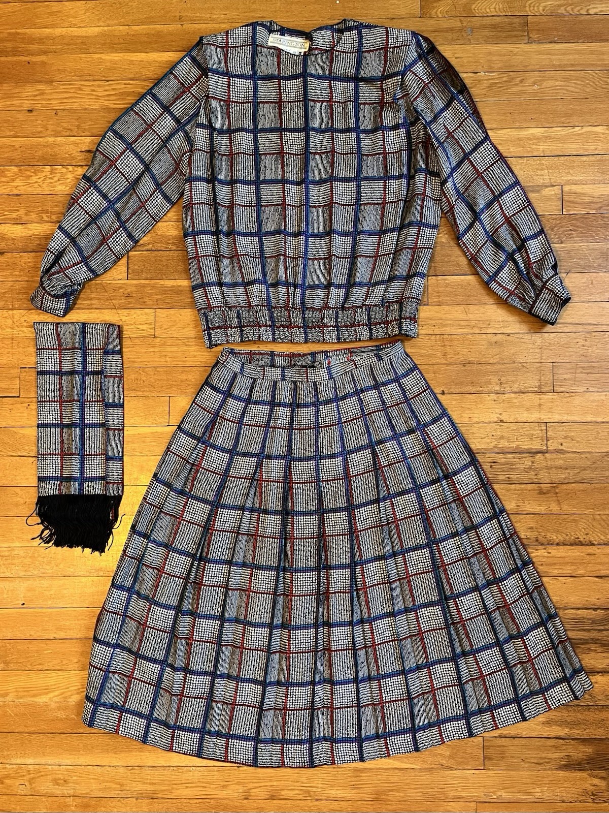 VINTAGE Starington Silk Blouse Skirt Scarf Set Women’s 12 Plaid Grey Blue 80s