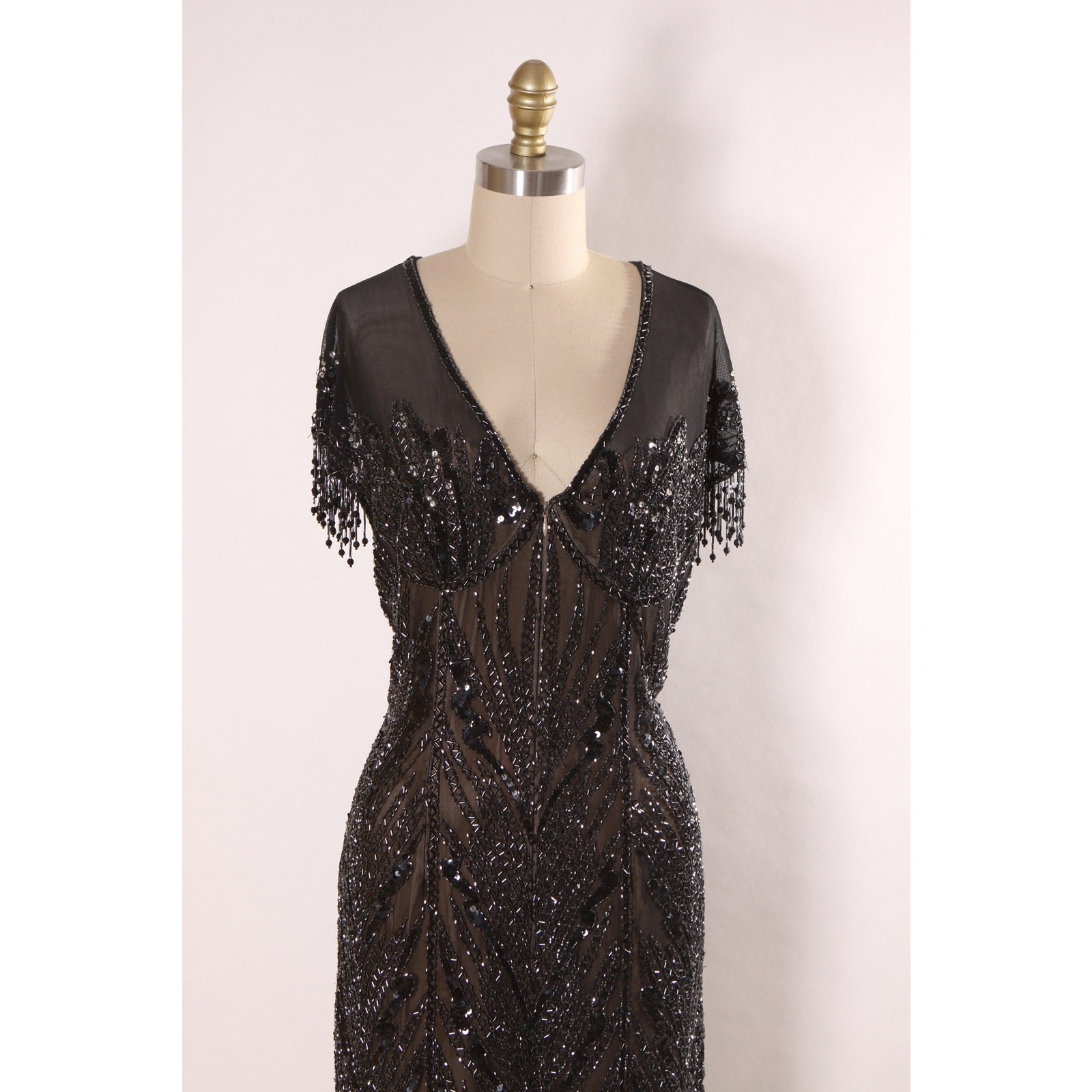 1980s 1990s Black Sequin Beaded Fringe Flapper Style Dress by Peak Evenings