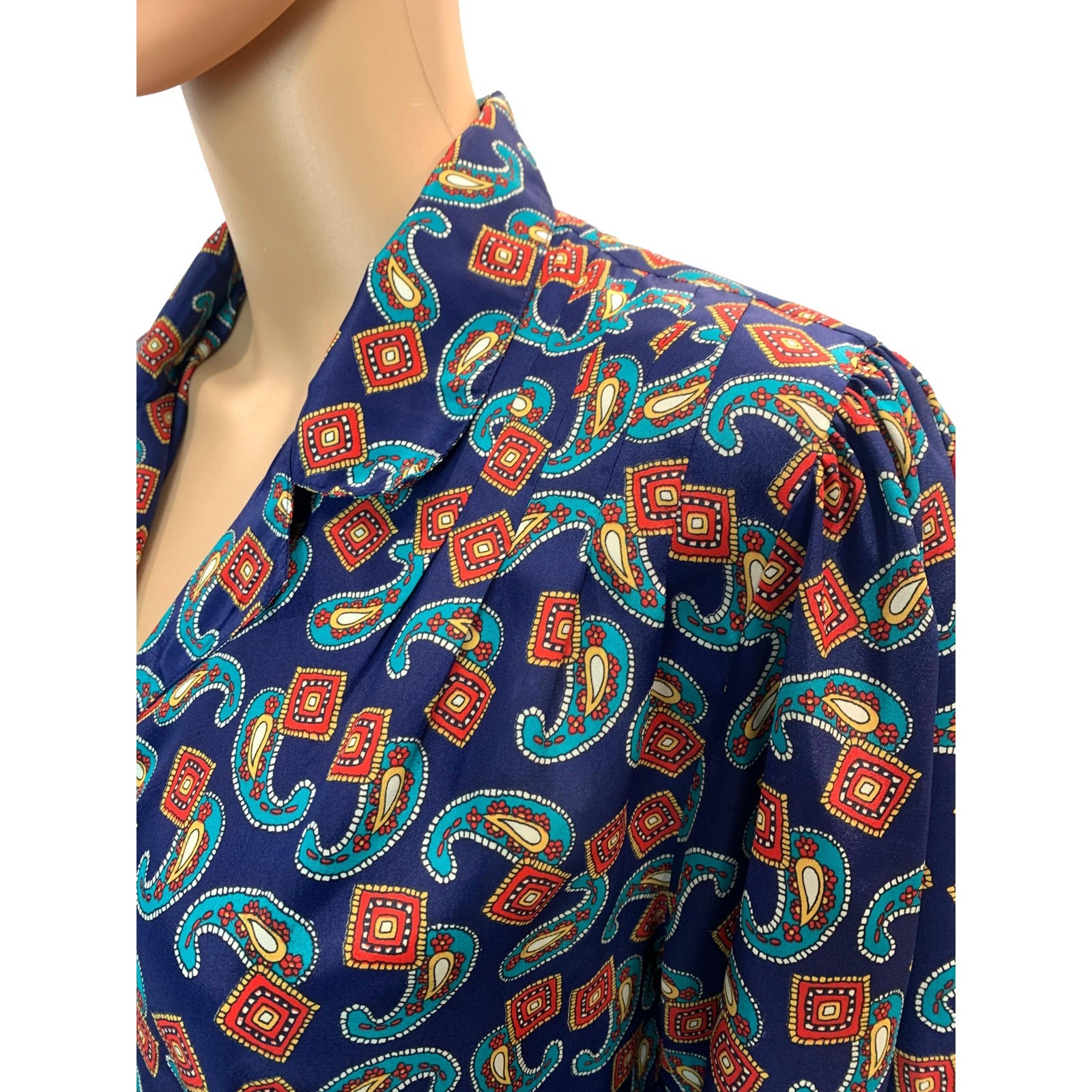80s Silky Paisley Print Blouse Blue Teal Red Gold Josephine Size 6