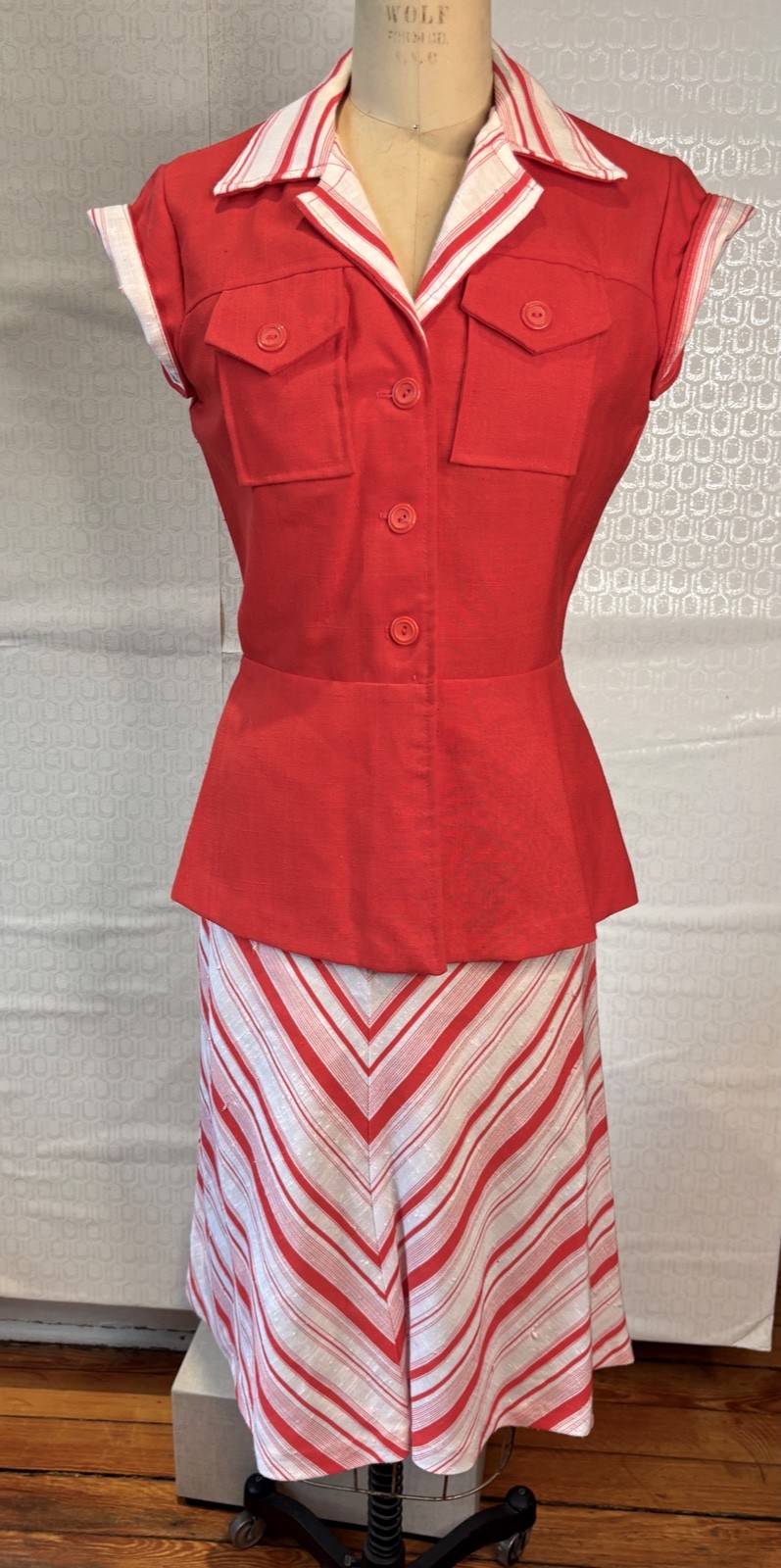 VTG 70’S WHITE&RED STRIPE 40’S INSPIRED PEPLUM JACKET&A-LINE SKIRT SET*XS/S