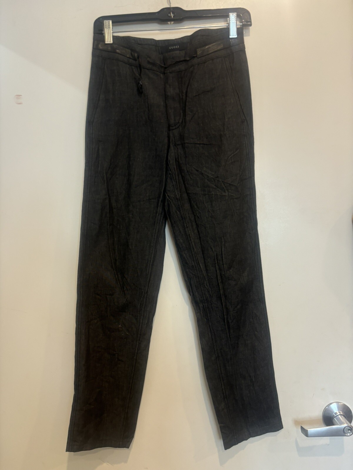 VINTAGE GUCCI TROUSER PANTS BLACK WITH LEATHER DETAILING AND GUCCI EMBLEM BELT