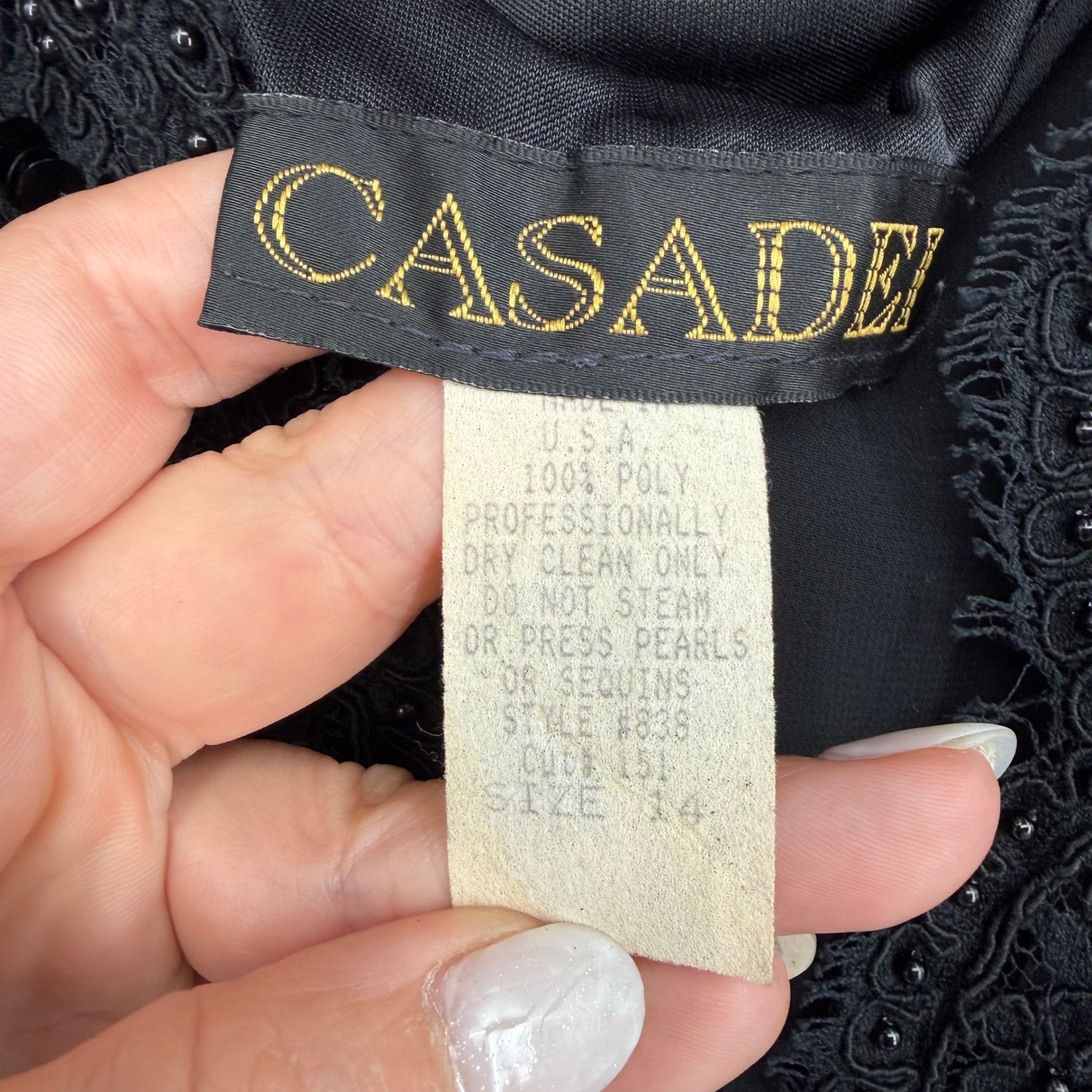 Vintage Casadei Evening Dress Size 14 Black Sequin Lace Chiffon Whimsygoth 80’s