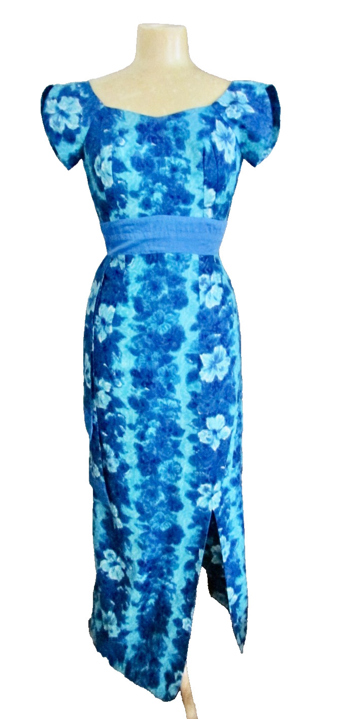 Vintage 60’s Maxi Blue Hibiscus Print Dress- Norma Maier of Nani of Hawaii XS