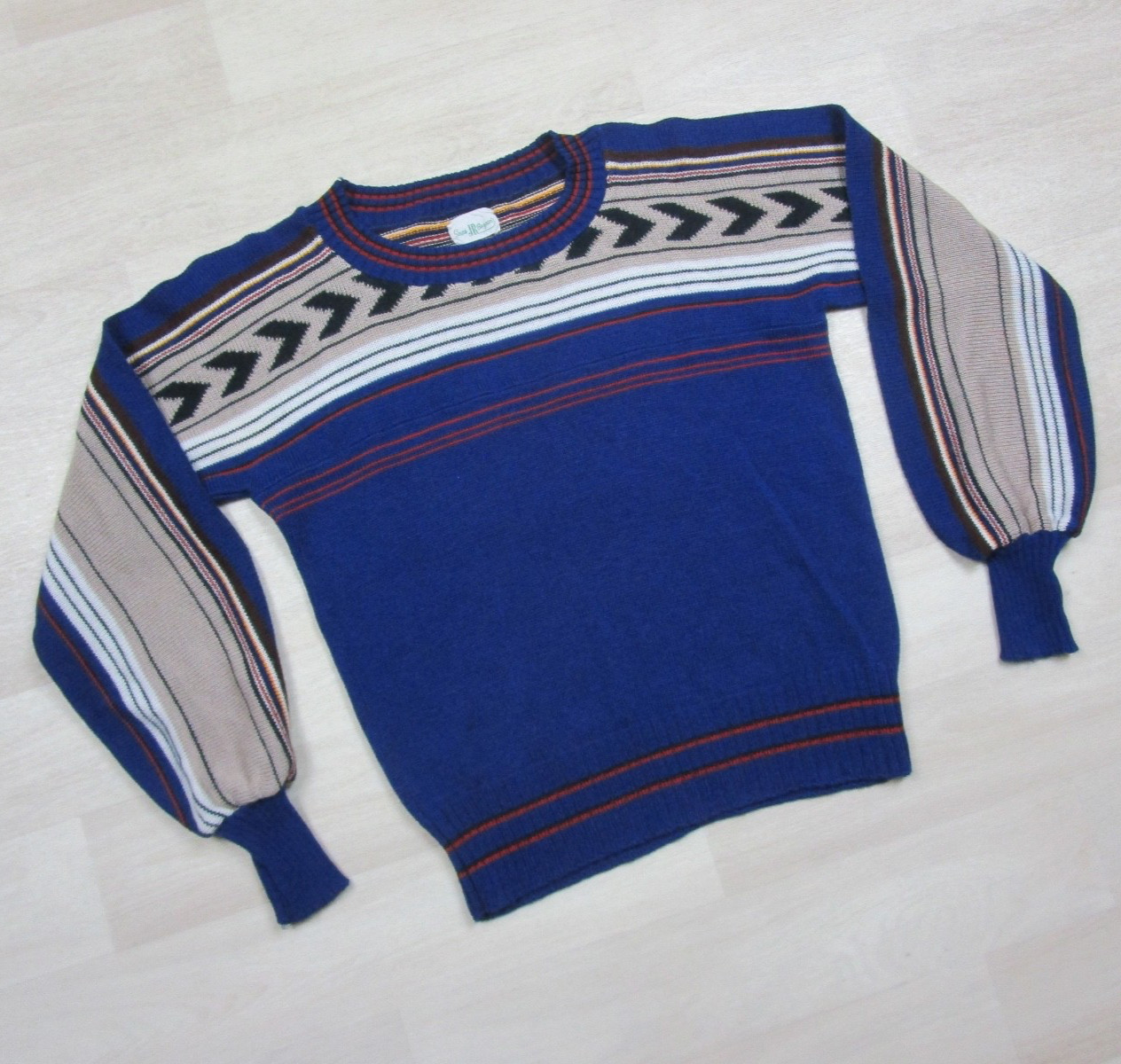 Vintage 60s Sears JR Bazaar Sweater Womens (L) Long Bishop Sleeve Blue Boho MCM