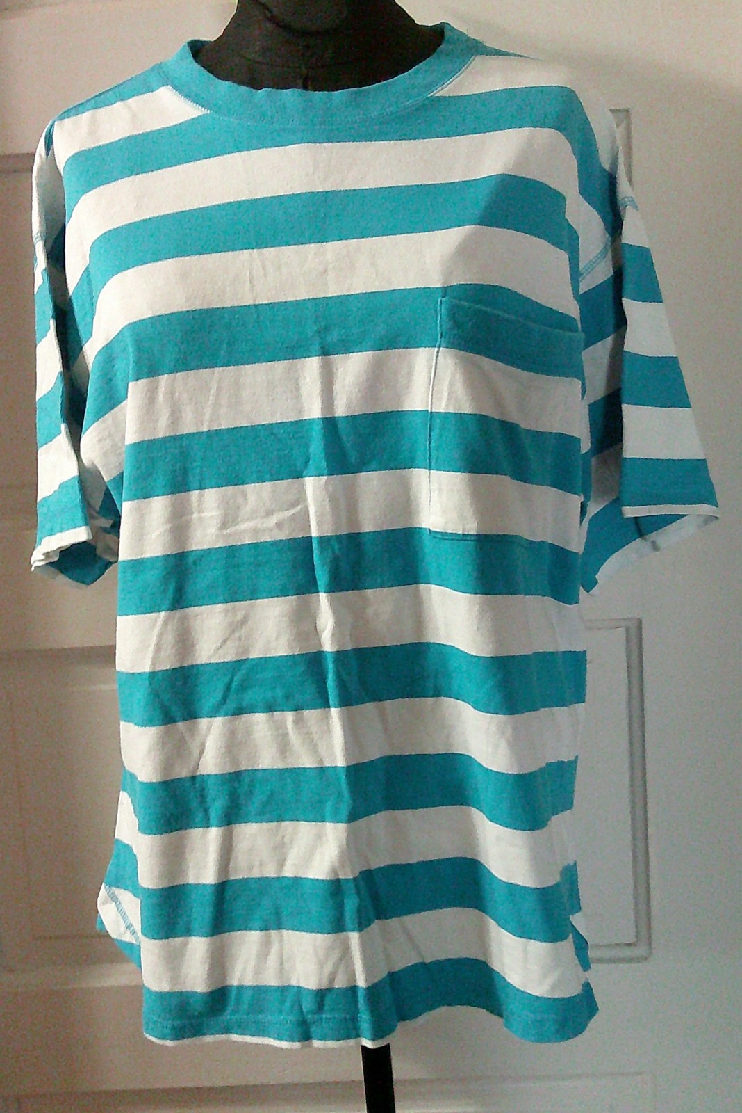 80’s PACER SS Turquoise Stripe Pocket T-Shirt Top Blouse M