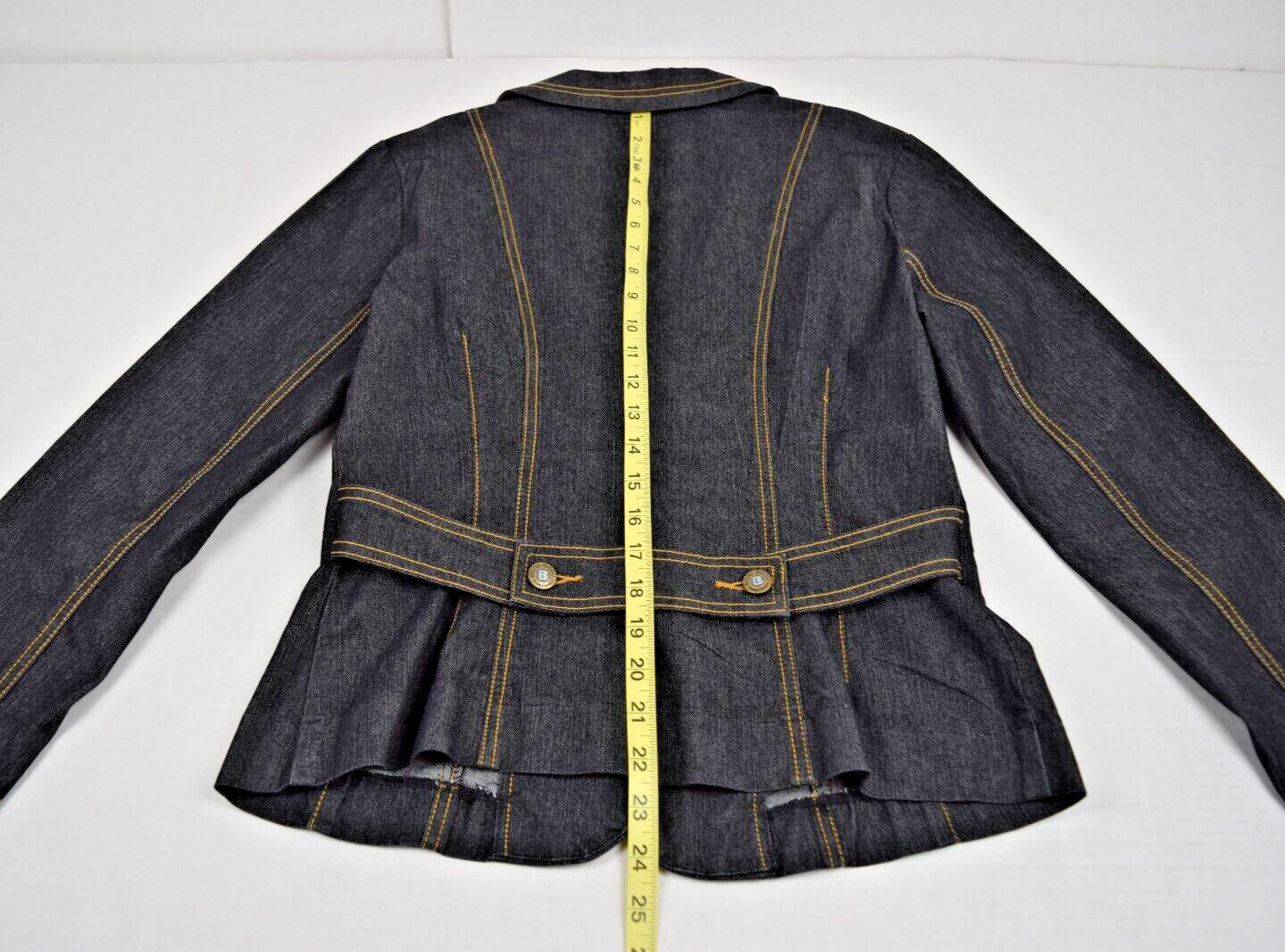 Vintage Denim Blazer Jacket Bisou Bisou Size 8 90s Blue Gold Stitch Fitted