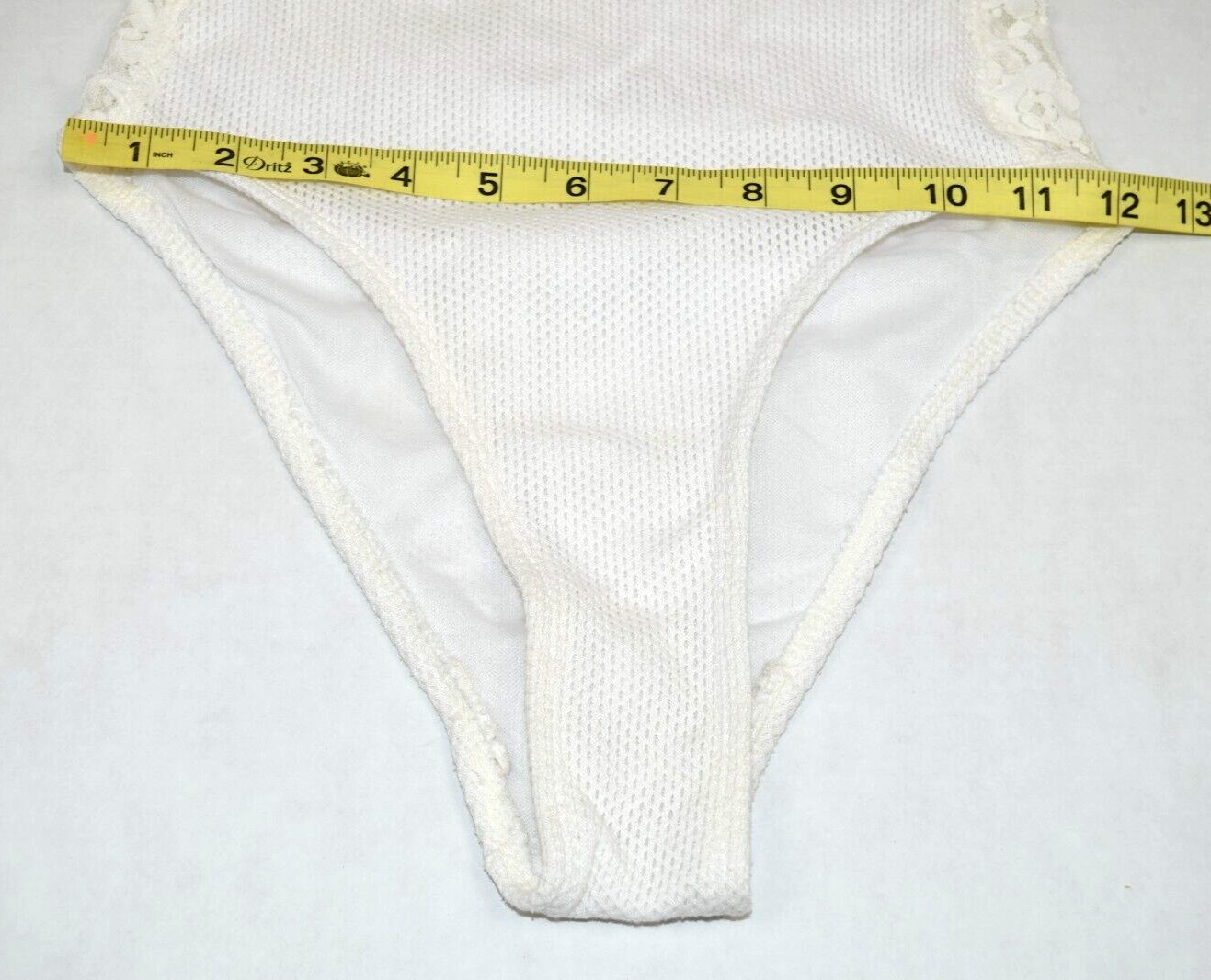 Vintage Swimsuit Leotard Size S/M 80s Krystal K White Textured Lace Side Stripes