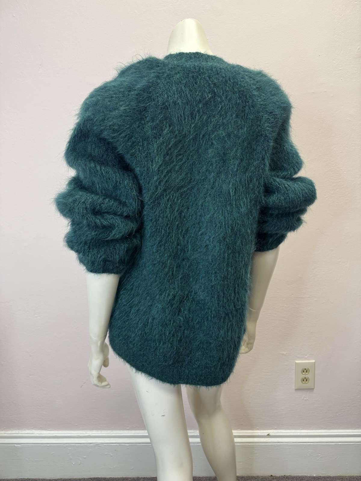 Vtg 50s 60s teal blue green Mohair Kurt Cobain V neck sweater Distressed L
