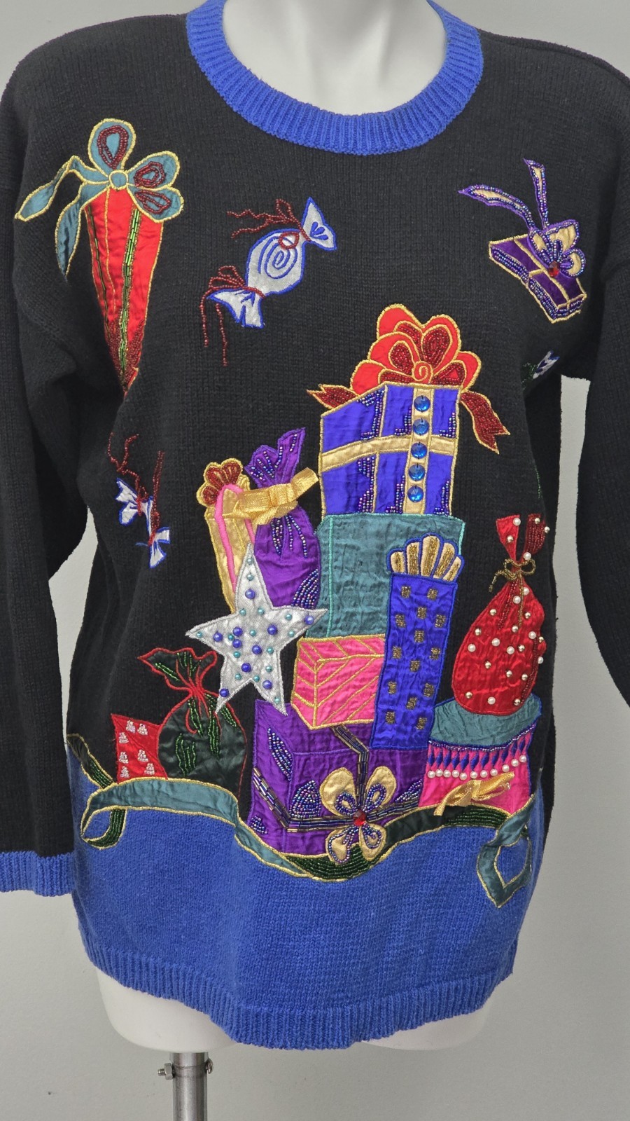 Vtg. Yarnworks Ugly Christmas Sweater Presents Candy Embroidery Beads, Medium