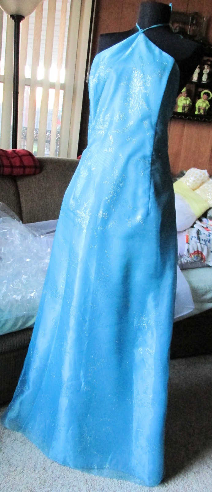 VTG Glitter Turquoise Organza Halter Dress Jessica McClintock Gunne Sax SZ 13/14