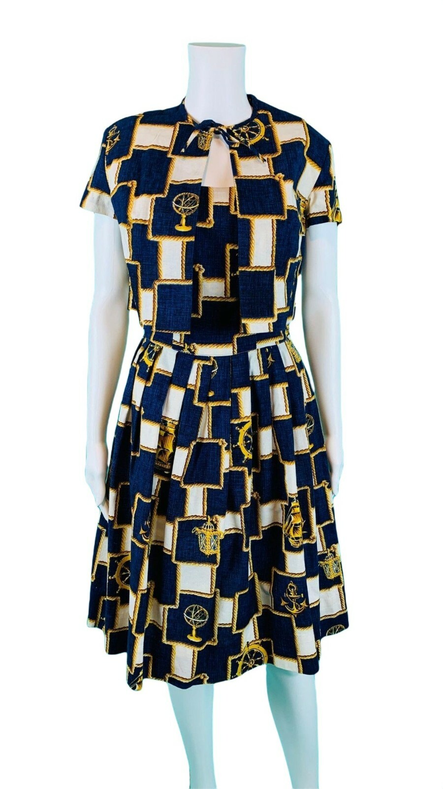 Vintage 1950s Nautical Novelty Print Dress Capelet Sundress Set W 25″