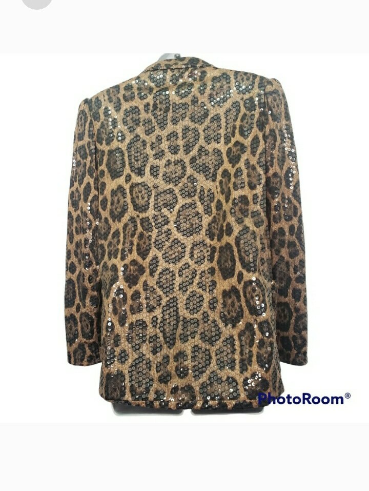 Travilla Blazer Women S Brown Leopard Print Sequin Open Front Jacket Vintage