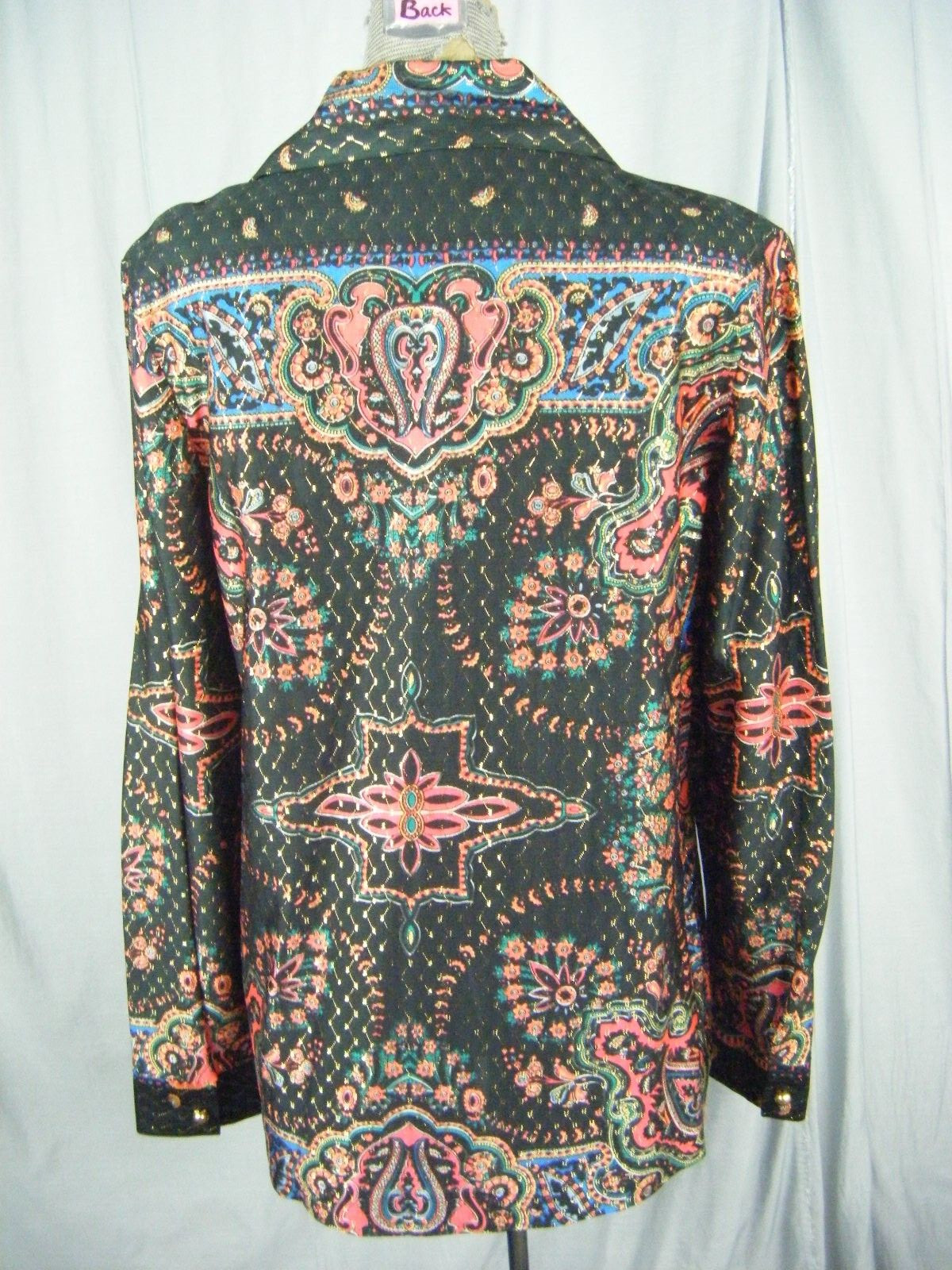Vintage 60-70s Black Golden Stitches Mod Printed Nylon Knit Blouse-Bust 46/L