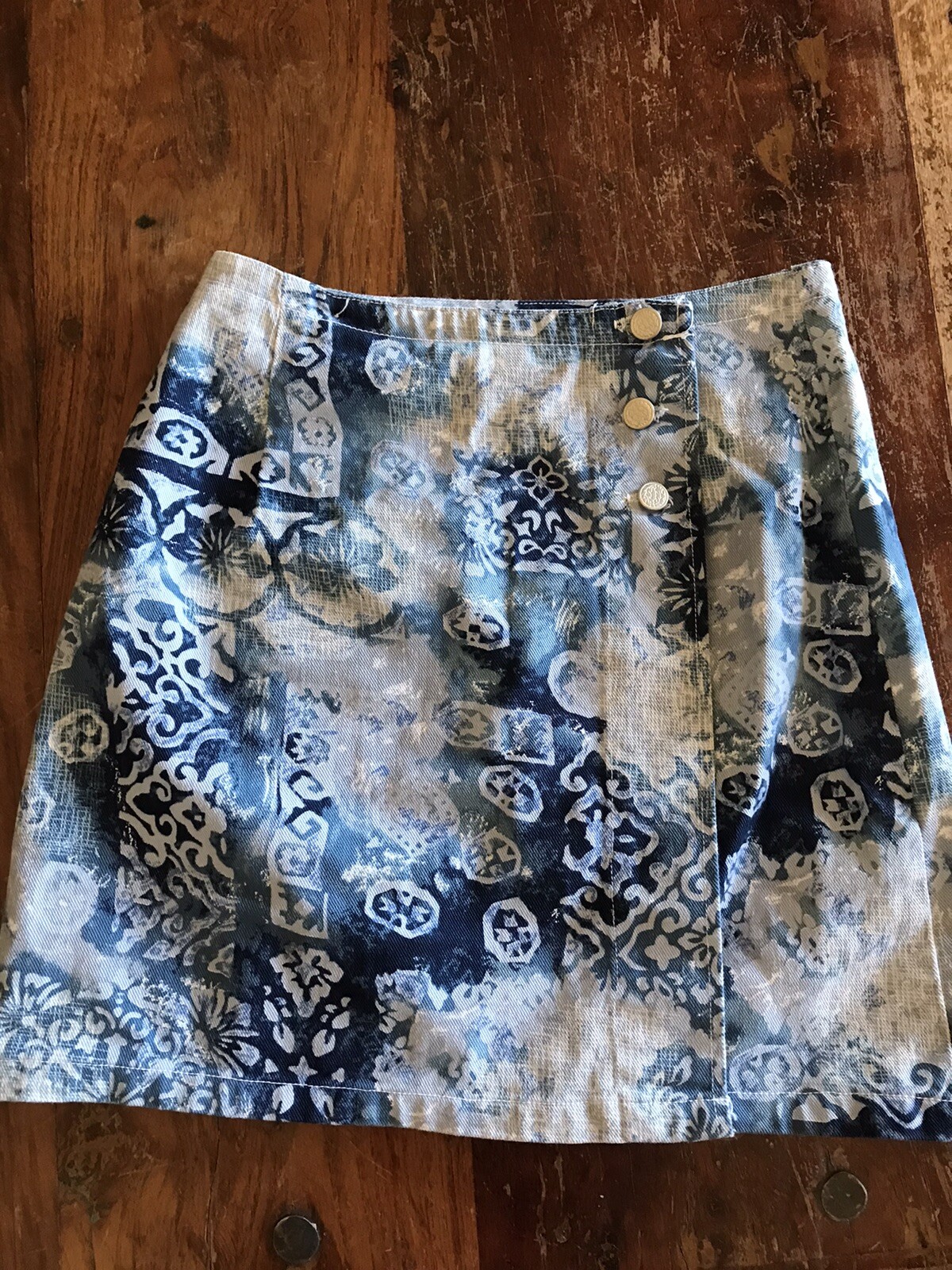 vtg 90s printed tribal denim abstract mini skirt wrap style