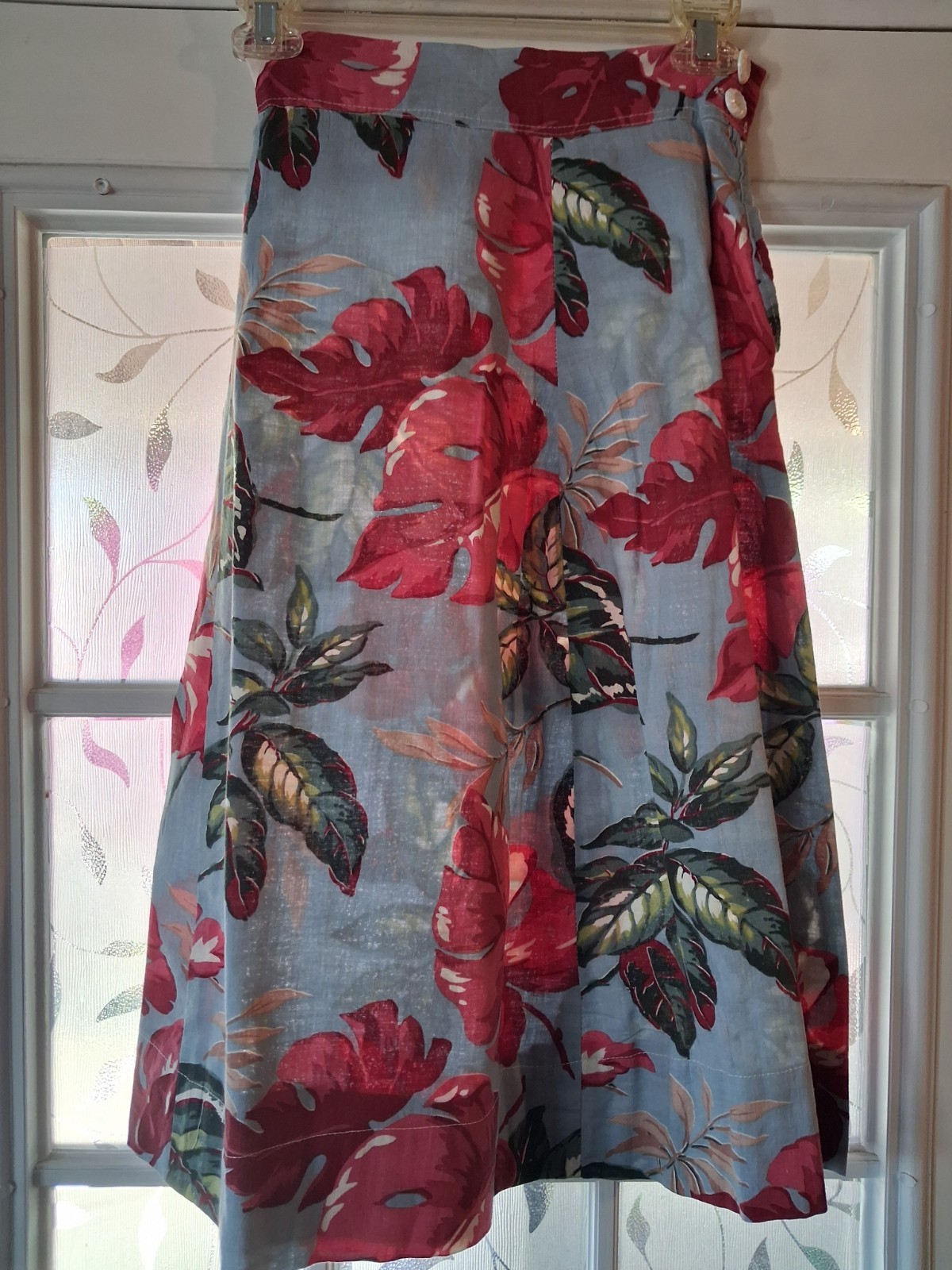VTG A-Line Skirt Handmade Green Pink Blue Floral Motif, Depression Era, 24″ W