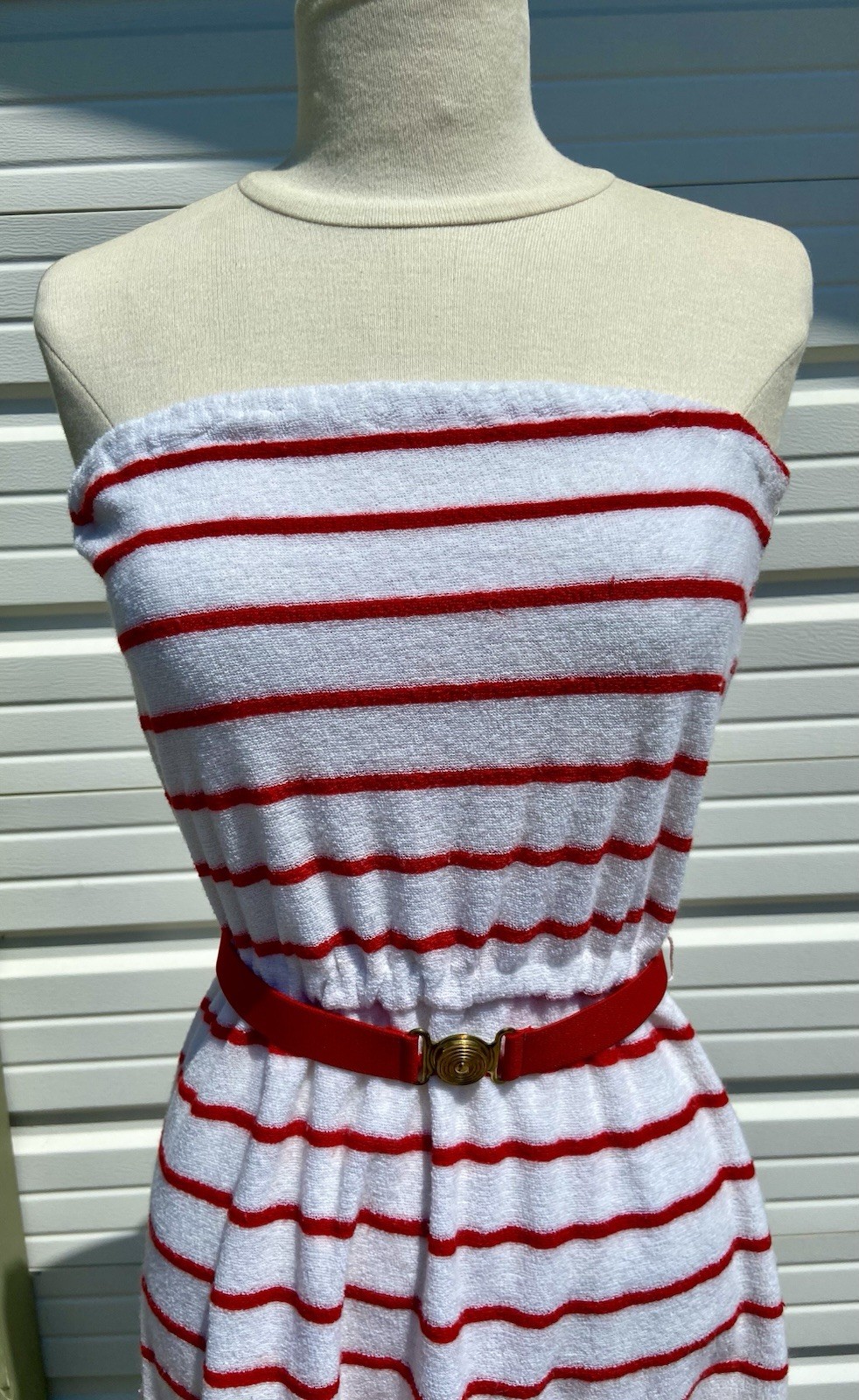 Vintage Auth 70’s Strapless Terry Cloth Tube Top Striped Red White Belt Dress