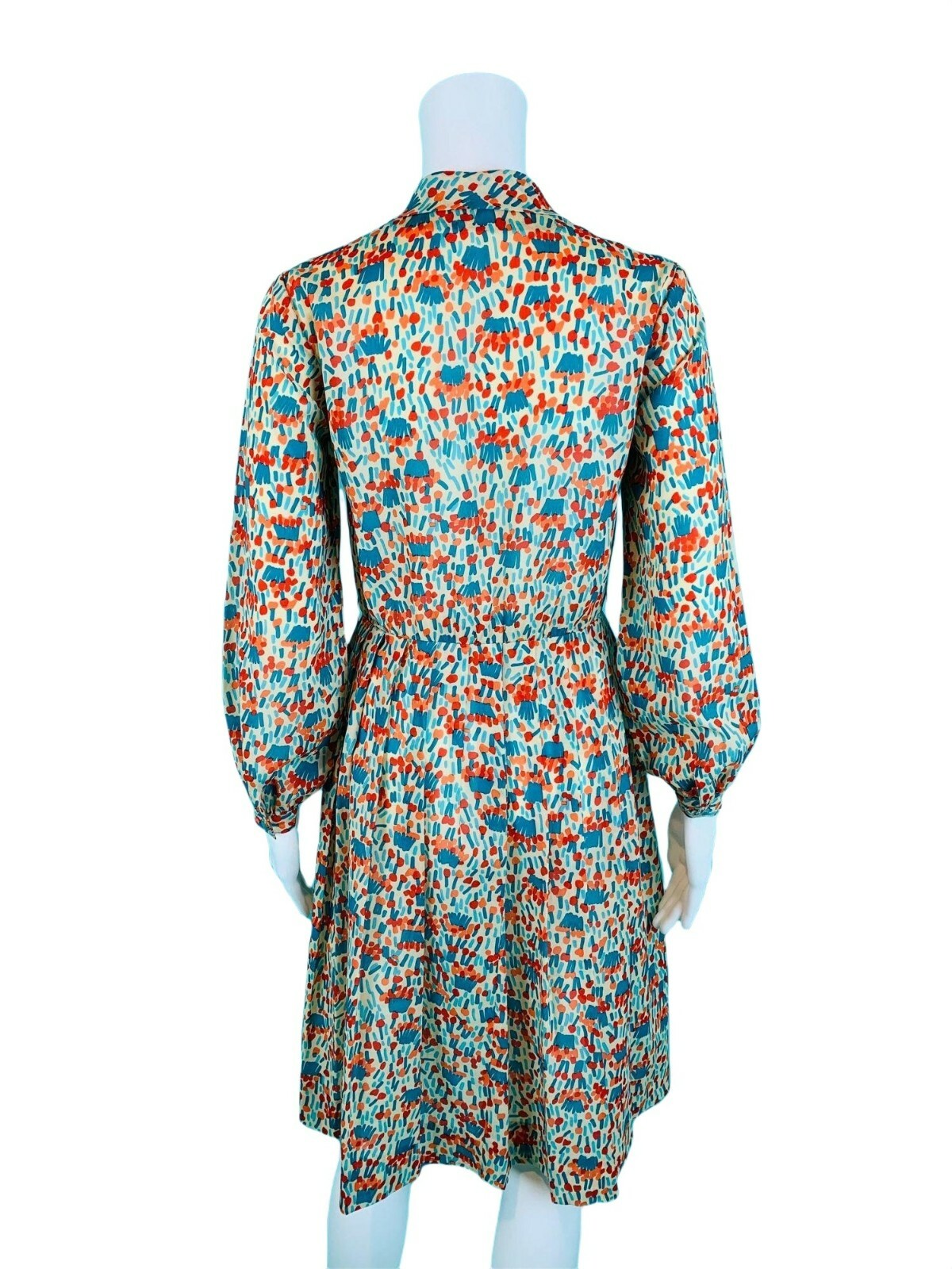 Vintage 1980s Silk Shirtdress Necktie Red Orange Blue Artistic Printed Dress