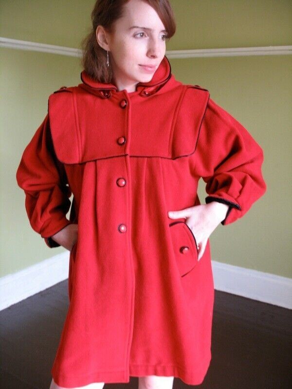 VTG Little Red Riding Hood Wool Coat Incredible Pleating & Details Blk Trim S M