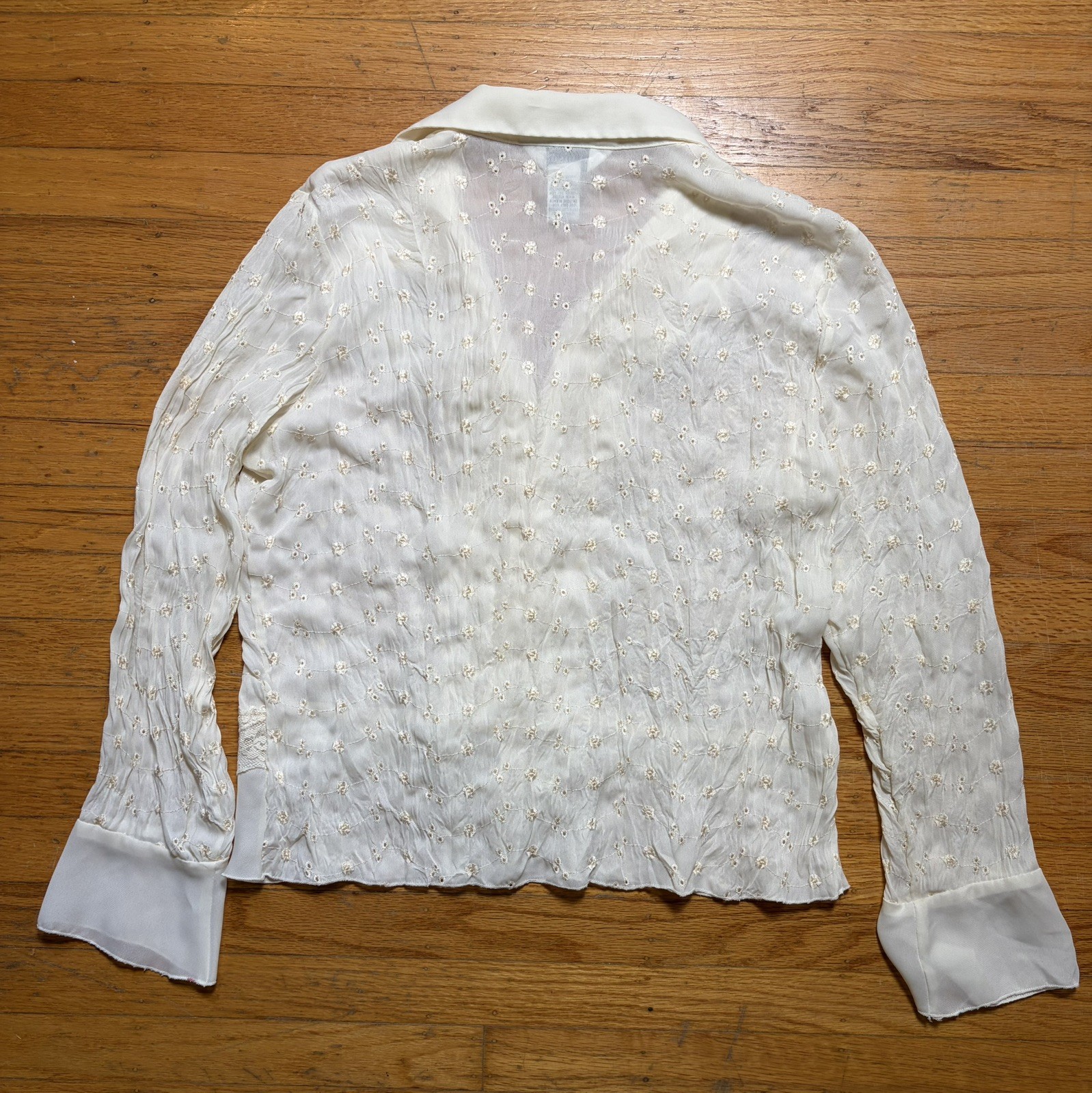 Vintage 90s Y2K Cream Lace Long Sleeve Top Sz L Fairy Coquette Ruffle Sheer