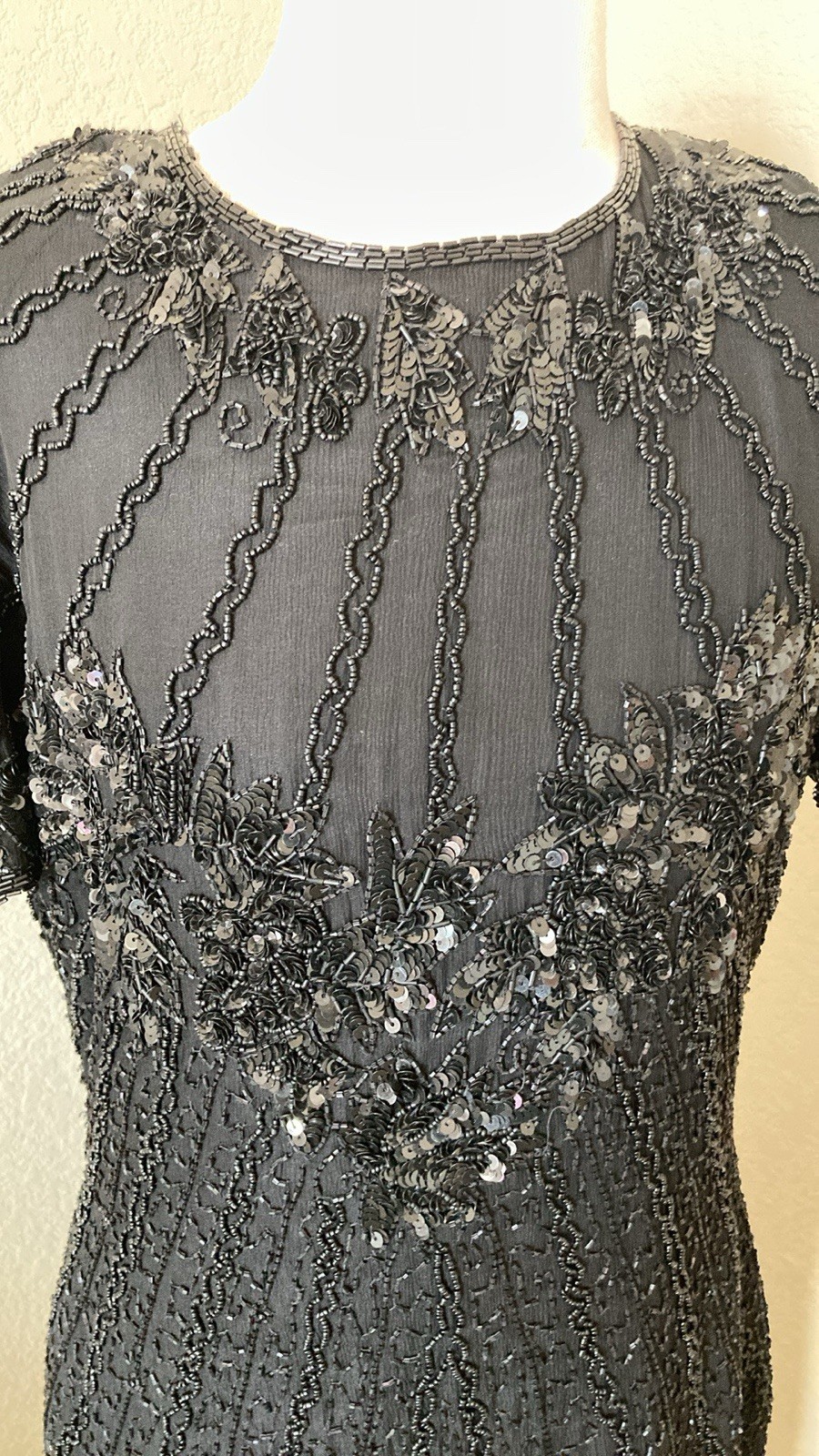 Vtg sz 8 Black Beaded Knee Length Cocktail Evening Party Club Dress Designer