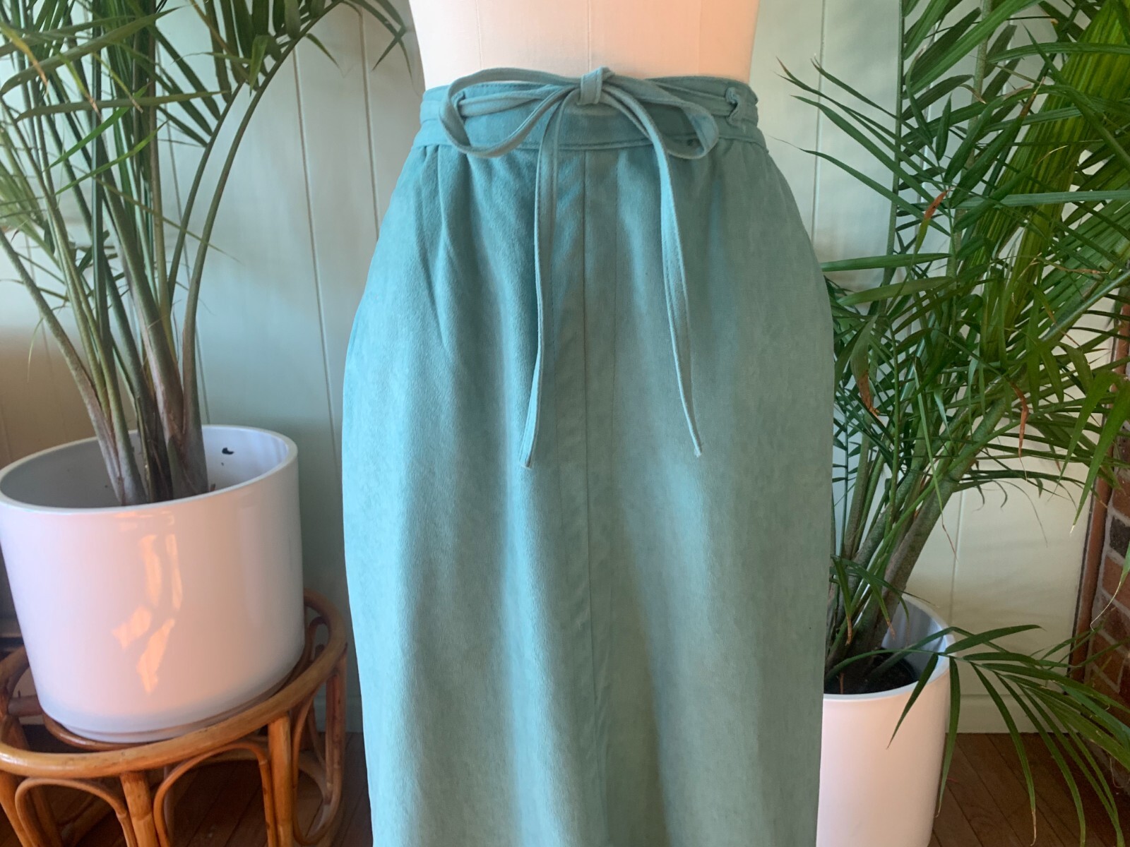 Vintage 1970s Light Turquoise Blue Sash Belt Midi Skirt White Stag