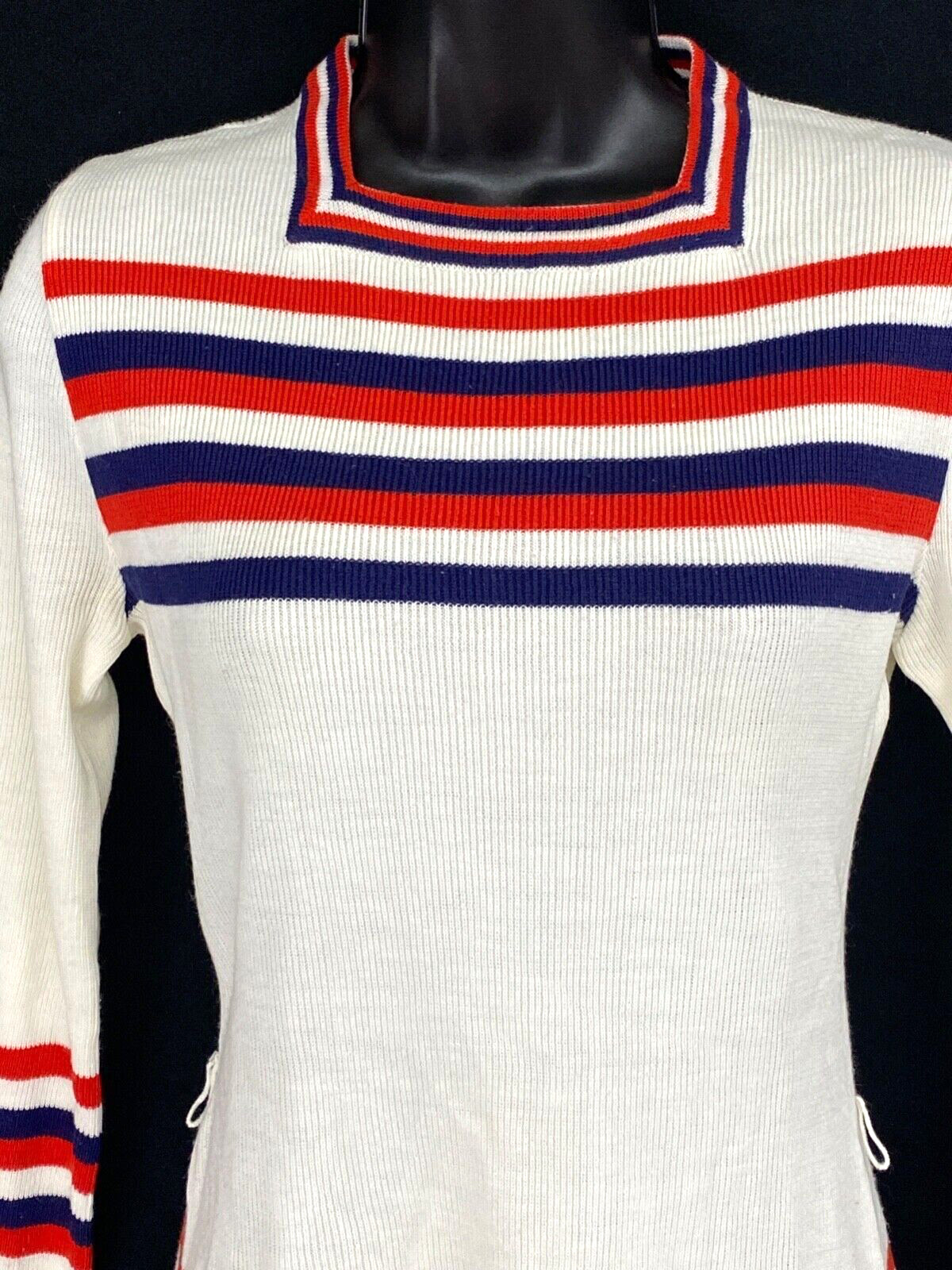 Vintage 1970s white sweater, red blue stripes bell long sleeves boho acrylic S