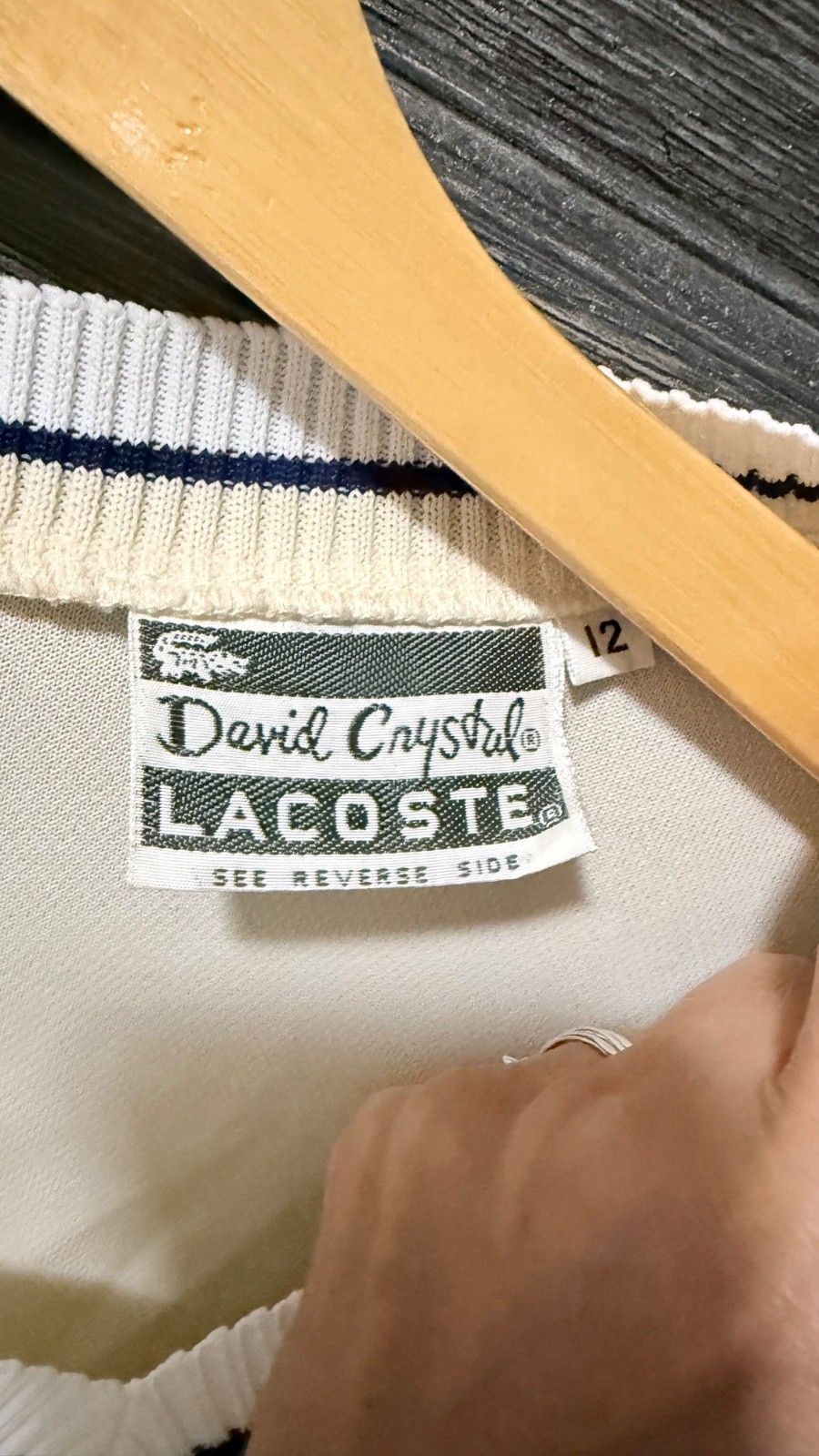 Vintage David Crystal Lacoste Tennis Dress USA Cream Navy Trim Belted Size 12