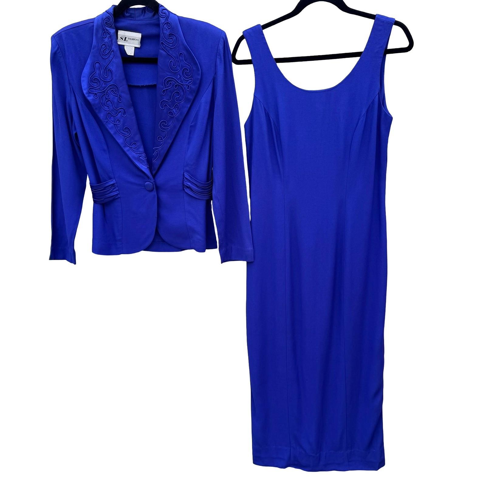SL Fashions Vintage Royal Blue Dress and Blazer Set Size 10 Soutache Beaded USA