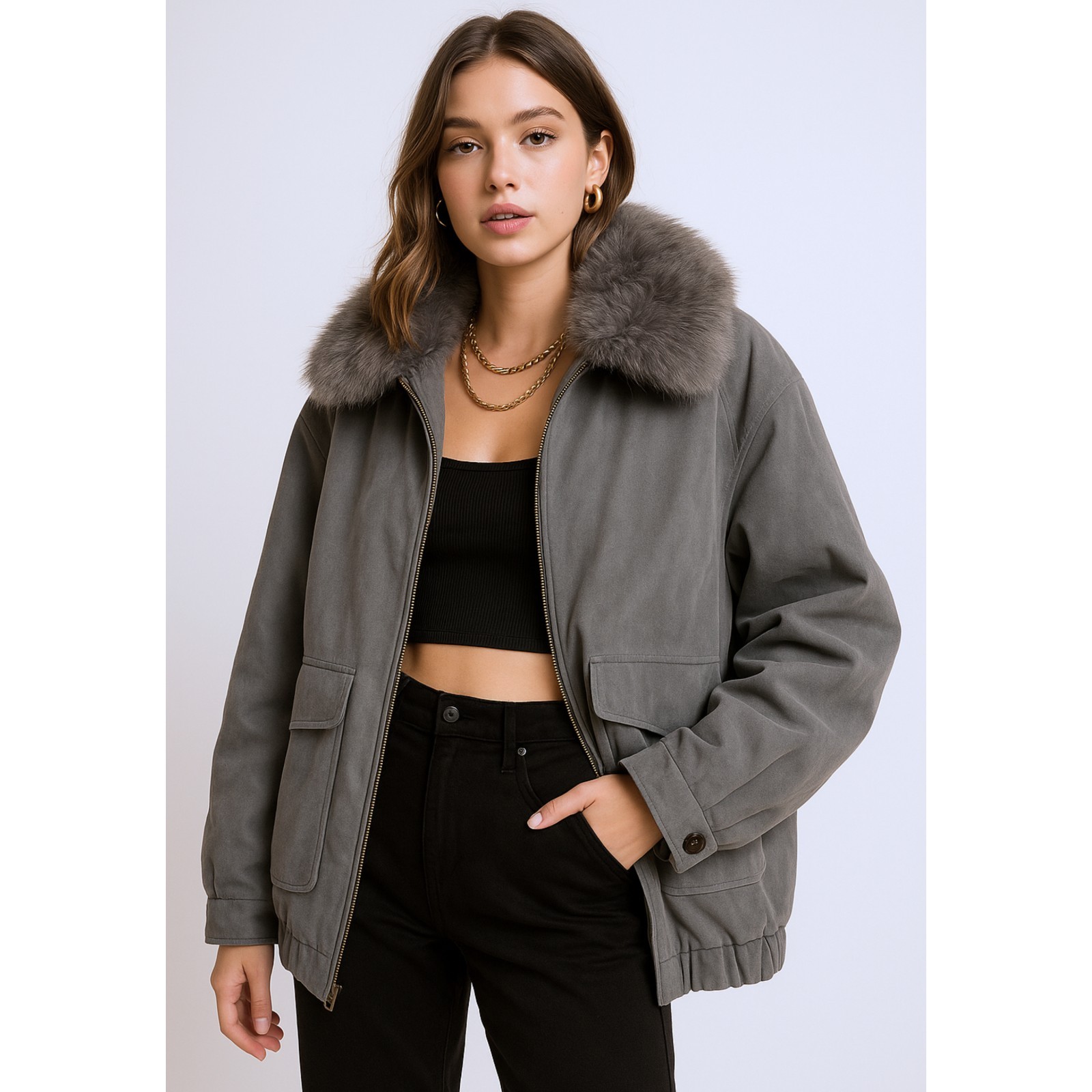 Vintage 80s – 90s Microsuede Fox Fur Collar Oversize Insulated Coat Sz Med