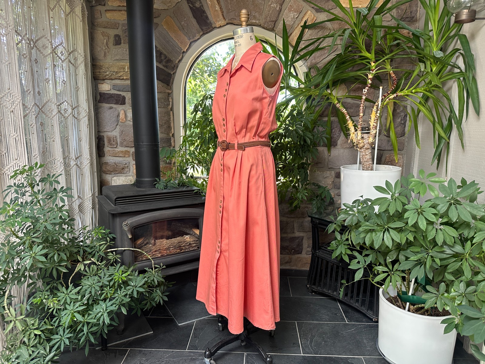 Vintage 1990s Muted Coral Cotton Denim Button Front Dress Fads