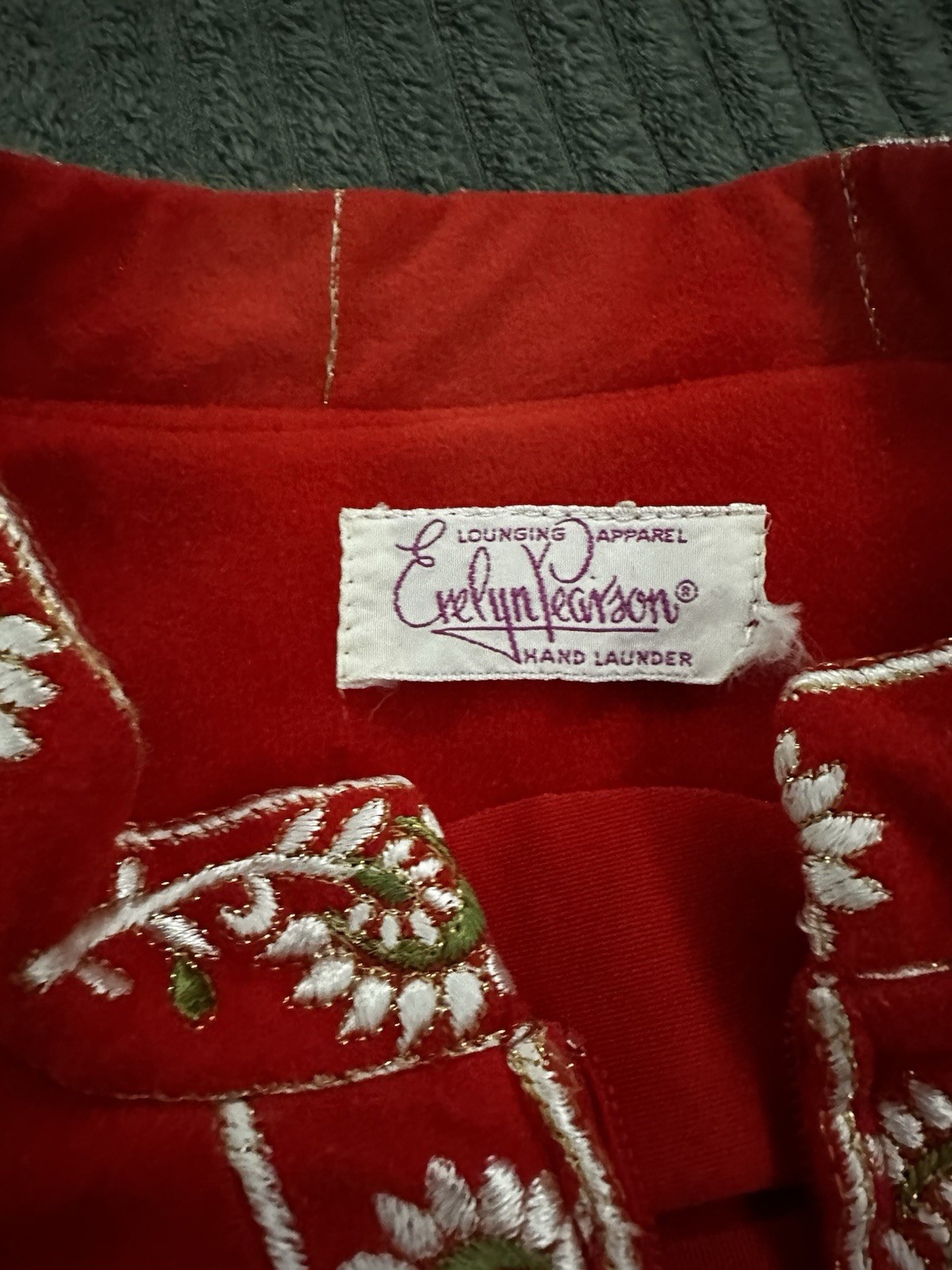 Evelyn Pearson-vintage womans robe-soft bright Red-embroidered Design-lounge