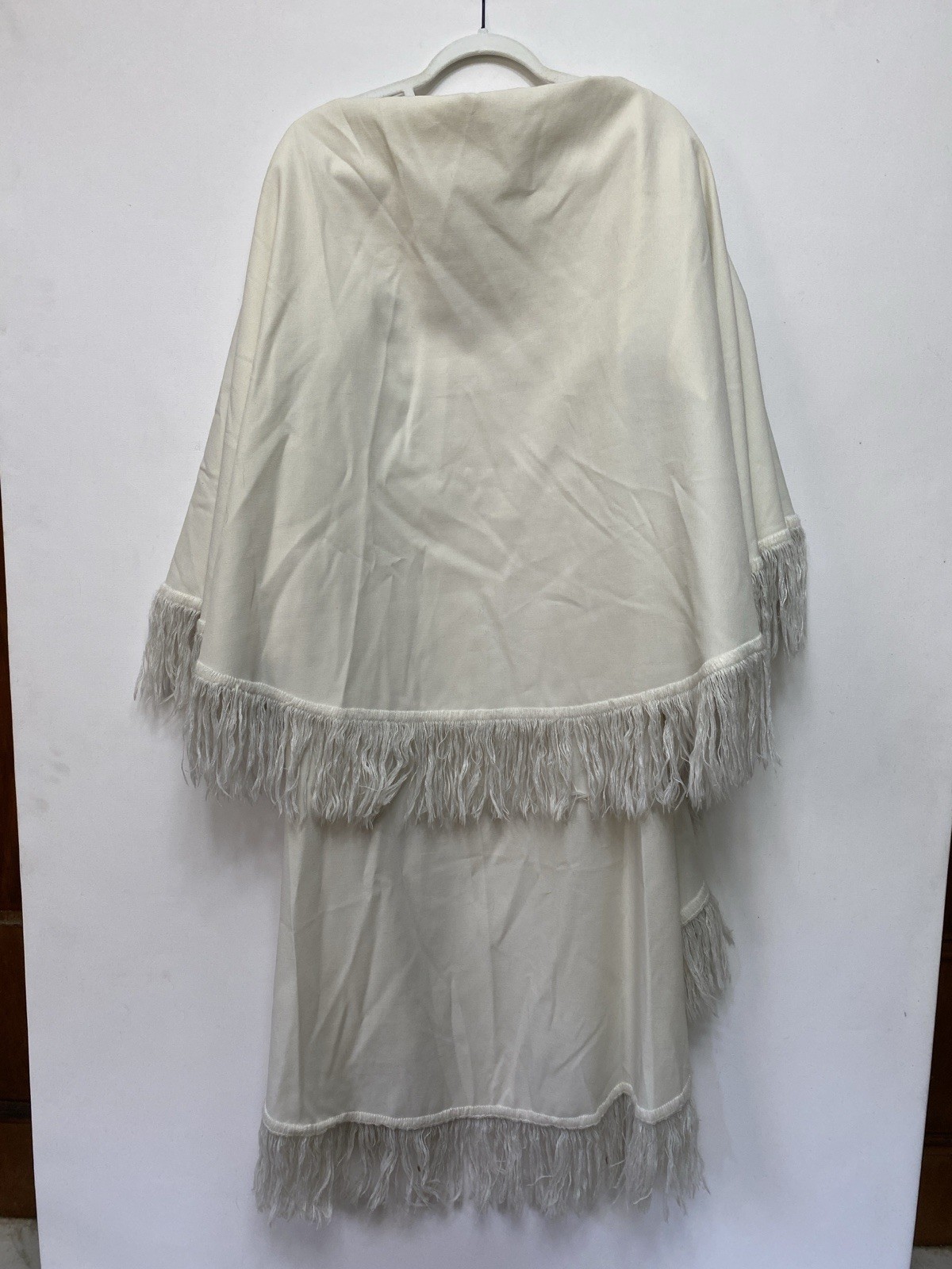 Vintage 70s Open Front Fringe Wrap Coat S/M Ivory Boho Stevie Nicks