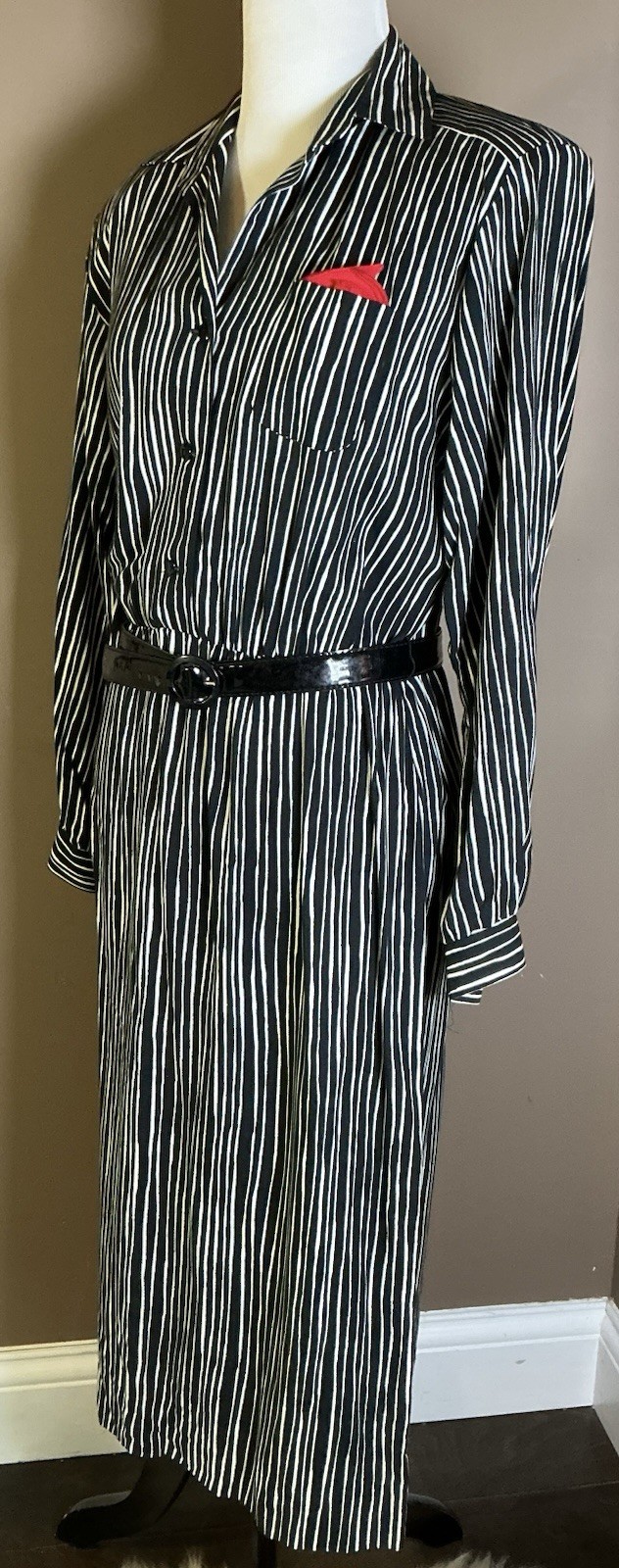 Vintage Petites By Willi 80s 90s Belted Black White Striped Shirt Dress
