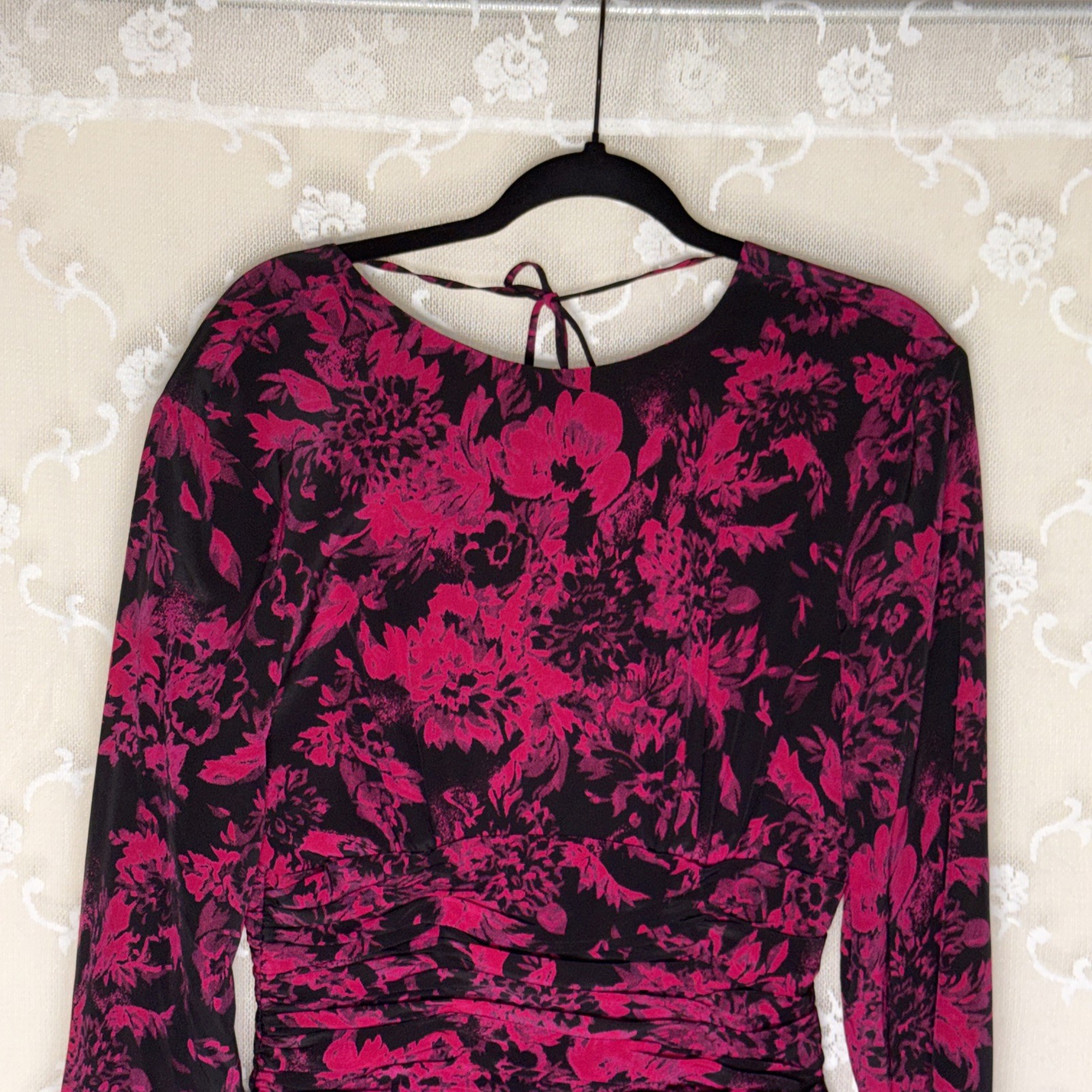 VTG Yves Cassette Magenta & Black Silk Bust Lined Cocktail Dress Sissy Bow SZ 10