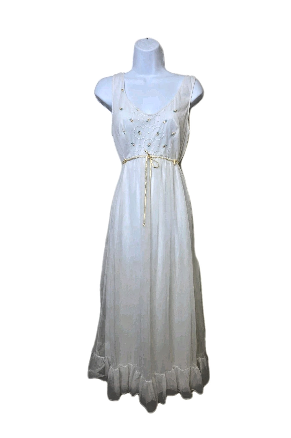 Vtg Miss Elaine White Embroidered Ruffle Partial Sweep Layered Chiffon Size M