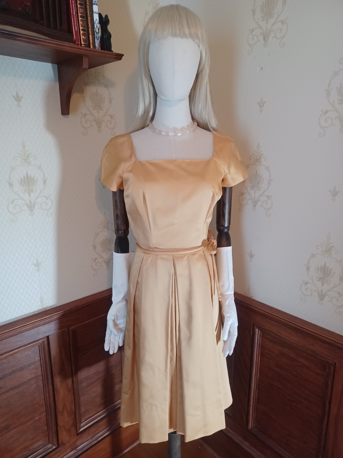 Vintage/Mid-century gold satin cocktail dress, handmade in the 50s or early 60s