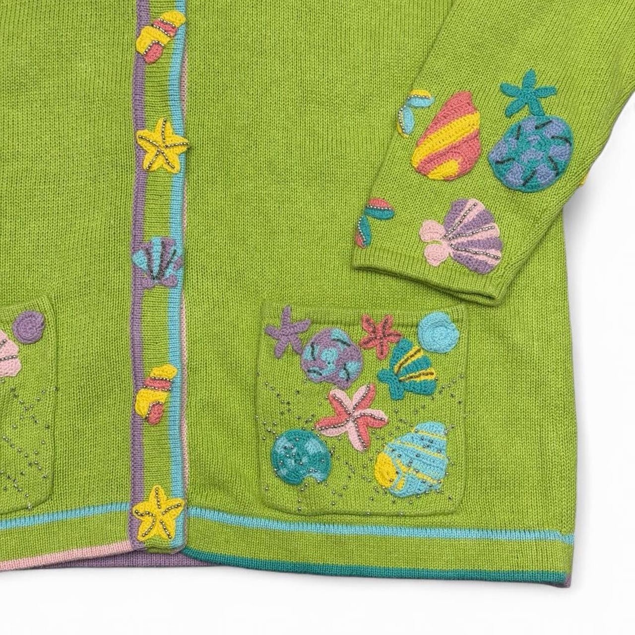 Story Book Knits Sweater NWT Green Beaded Embellished Shells Nautical Ocean