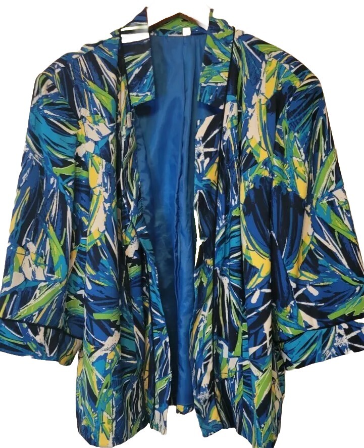 Womans Colorful 2X Plus Size Blazer Jacket Blue Floral Tag Missing 3/4 Sleeve