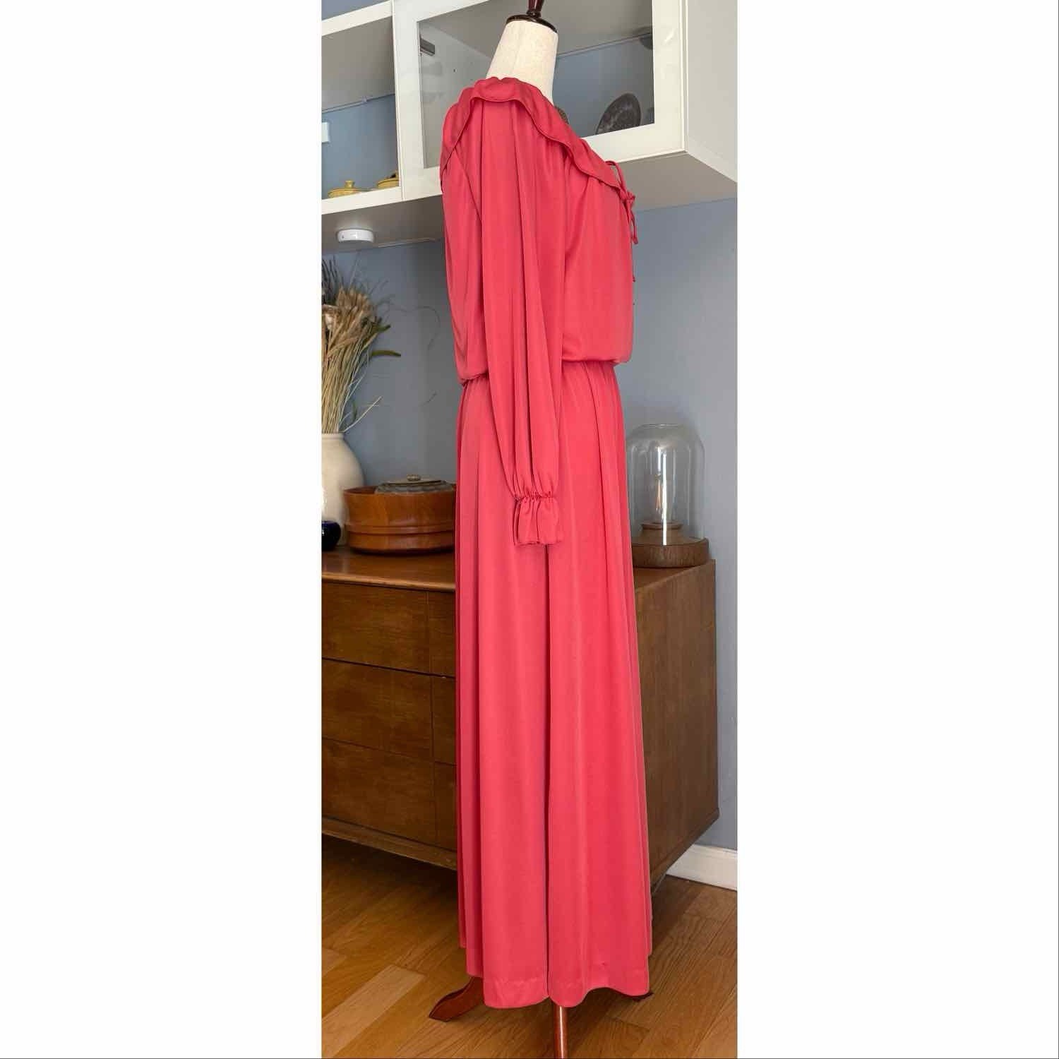 Vintage 70s Shawn Originals Ruffle Trim Cinch Waist Maxi Dress sz M Pink Retro